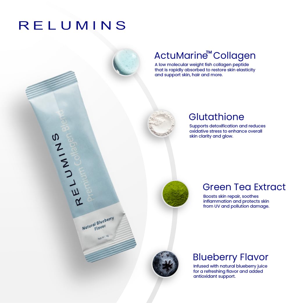 Relumins Marine Collagen sabor arándano para brillo natural.