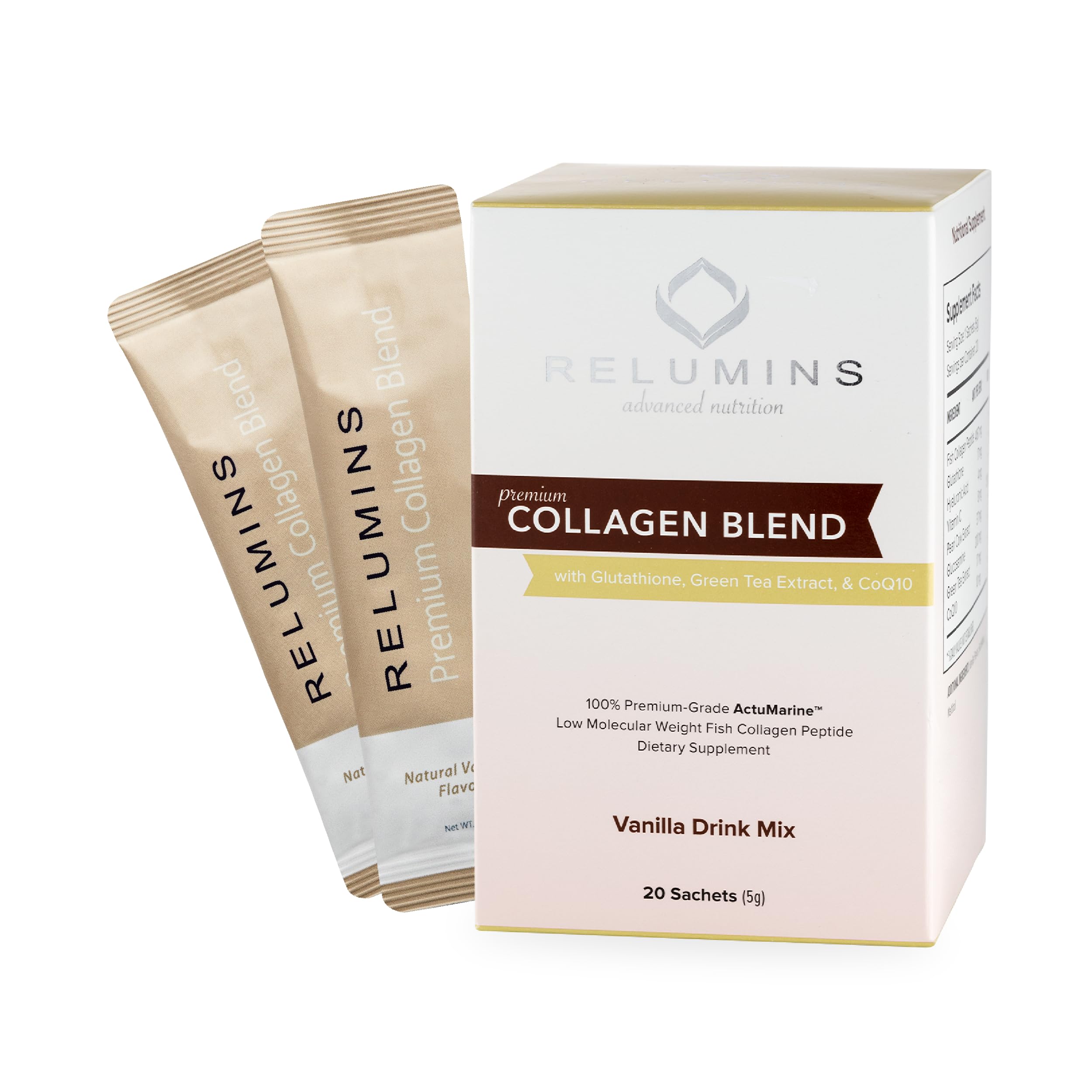 Relumins Marine Collagen sobre vainilla disolviéndose en agua para piel radiante.