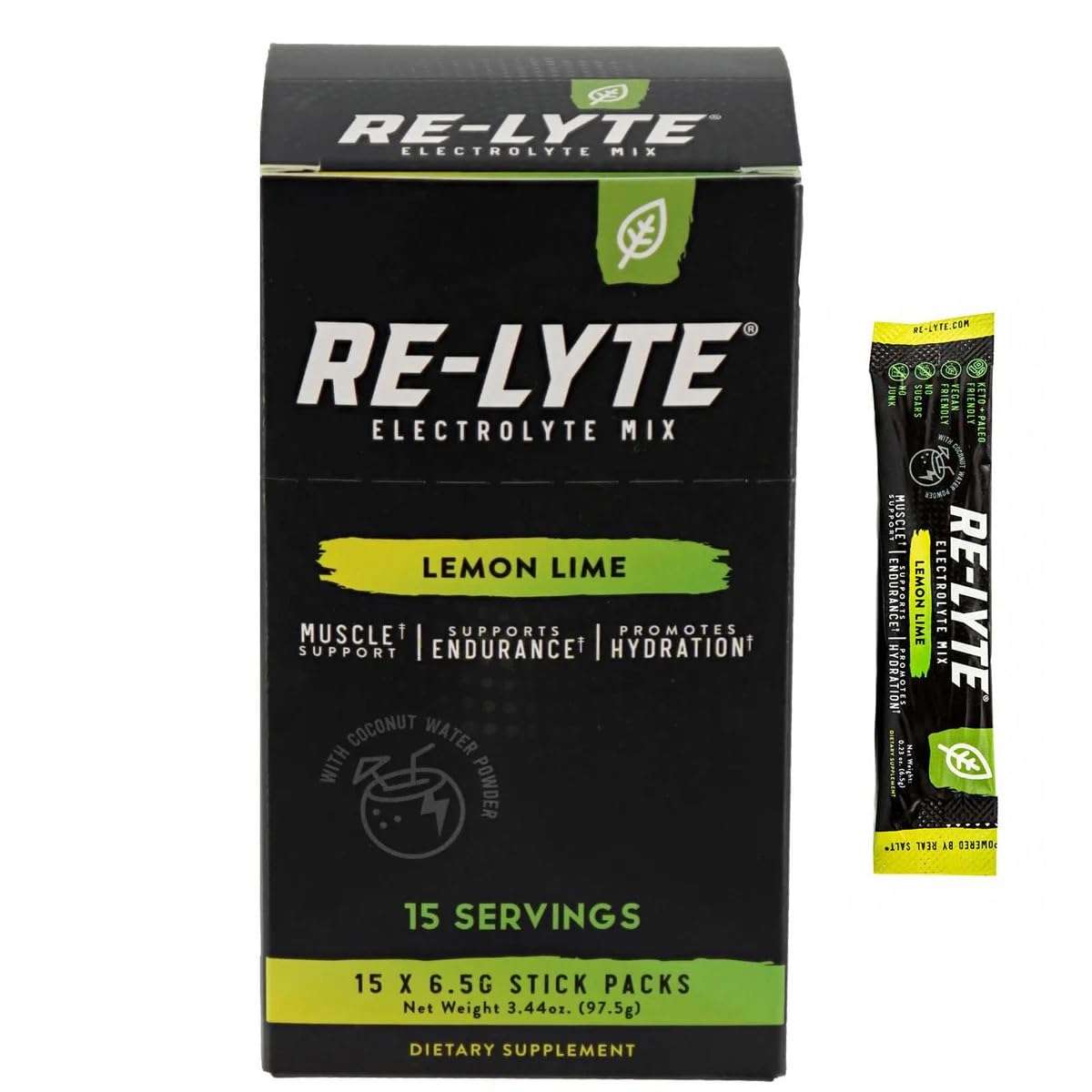 RELYTE sobres de electrolito limón-lima para recargas rápidas durante entrenos.