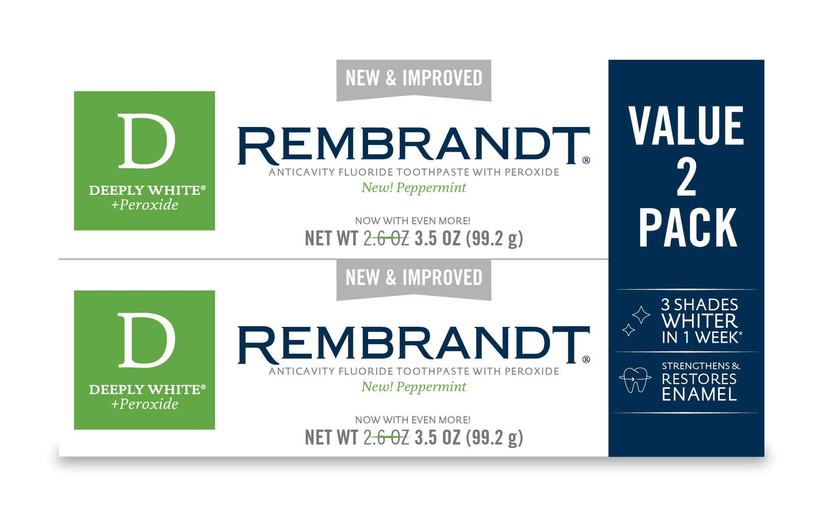 Rembrandt Deeply White con peróxido, pasta de dientes para blanqueamiento diario.