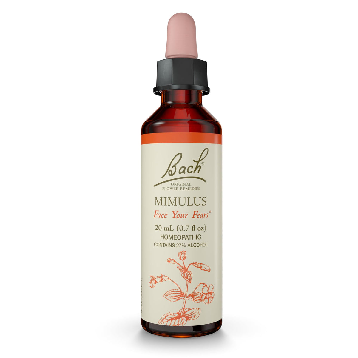 Remedios Florales Bach Mimulus, botella: apoyo suave para enfrentar miedos cotidianos con calma.