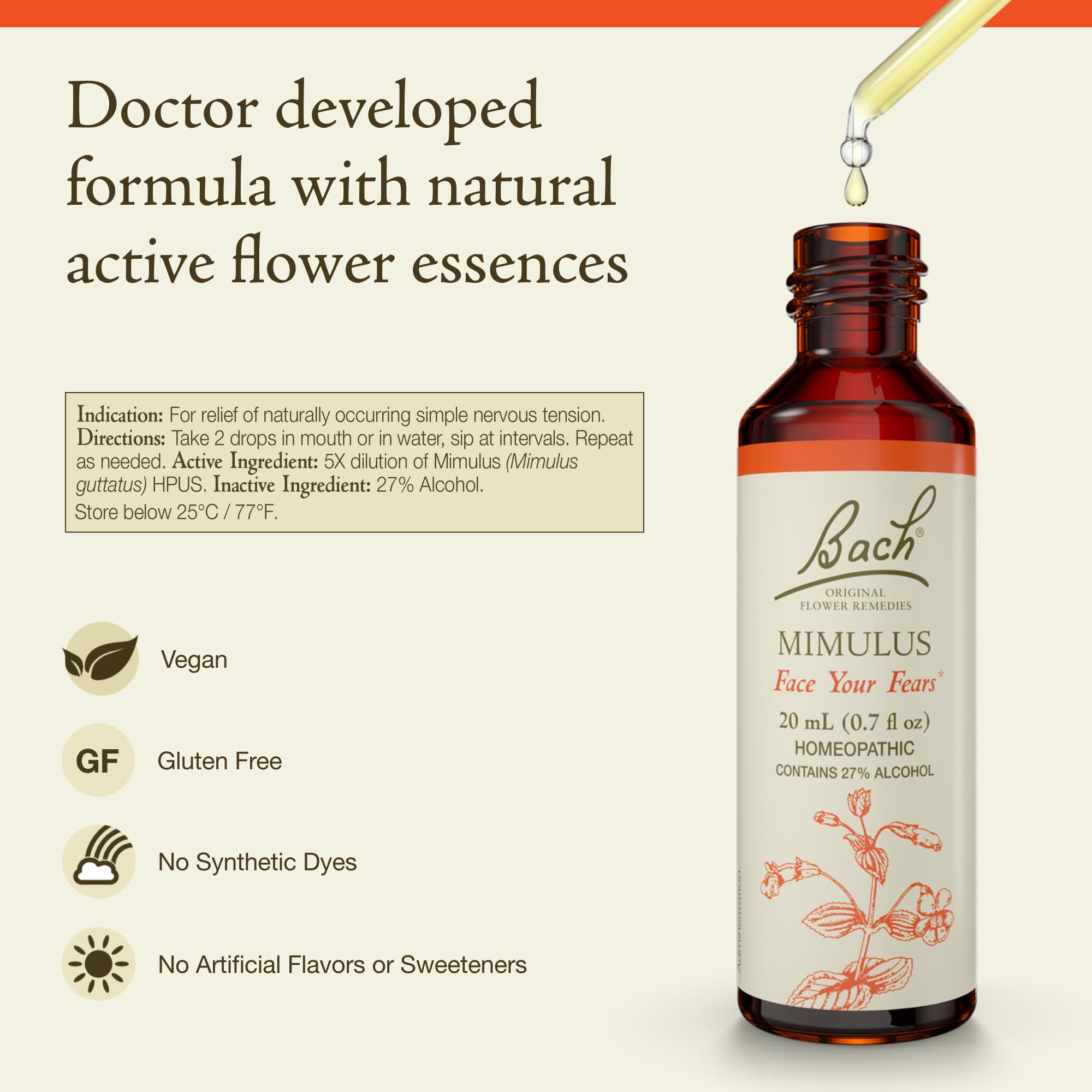Remedios Florales Bach Mimulus, gotero: uso directo para calmar pensamientos antes de situaciones difíciles.