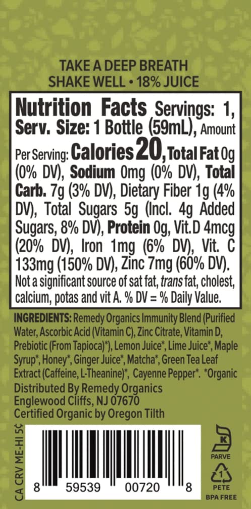 Remedy Organics Immunity Plus Shot con elderberry y otros ingredientes para apoyo inmunológico.