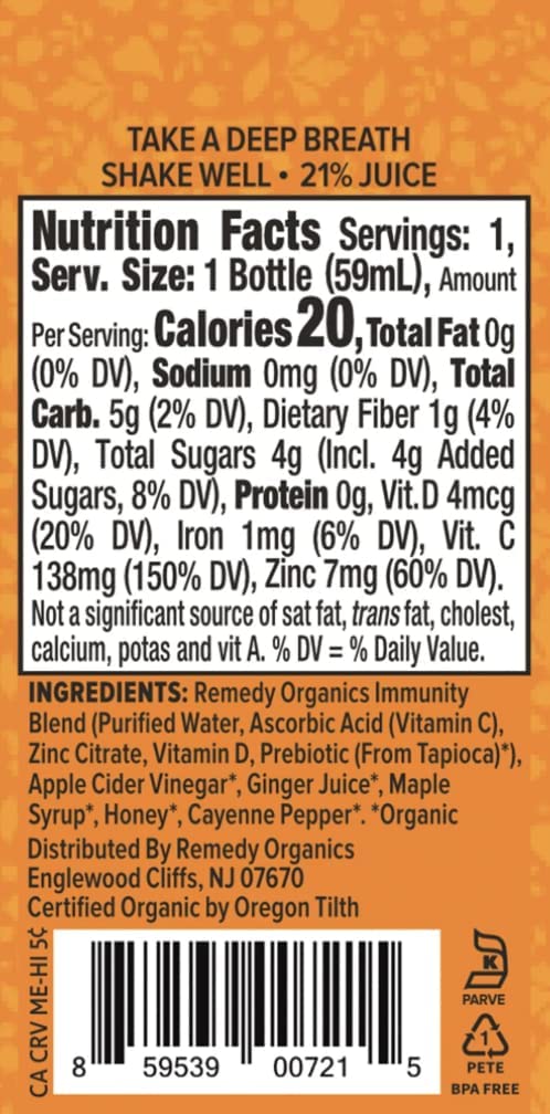 Remedy Organics Immunity Plus Shot: ingredientes orgánicos en primer plano para bienestar diario.