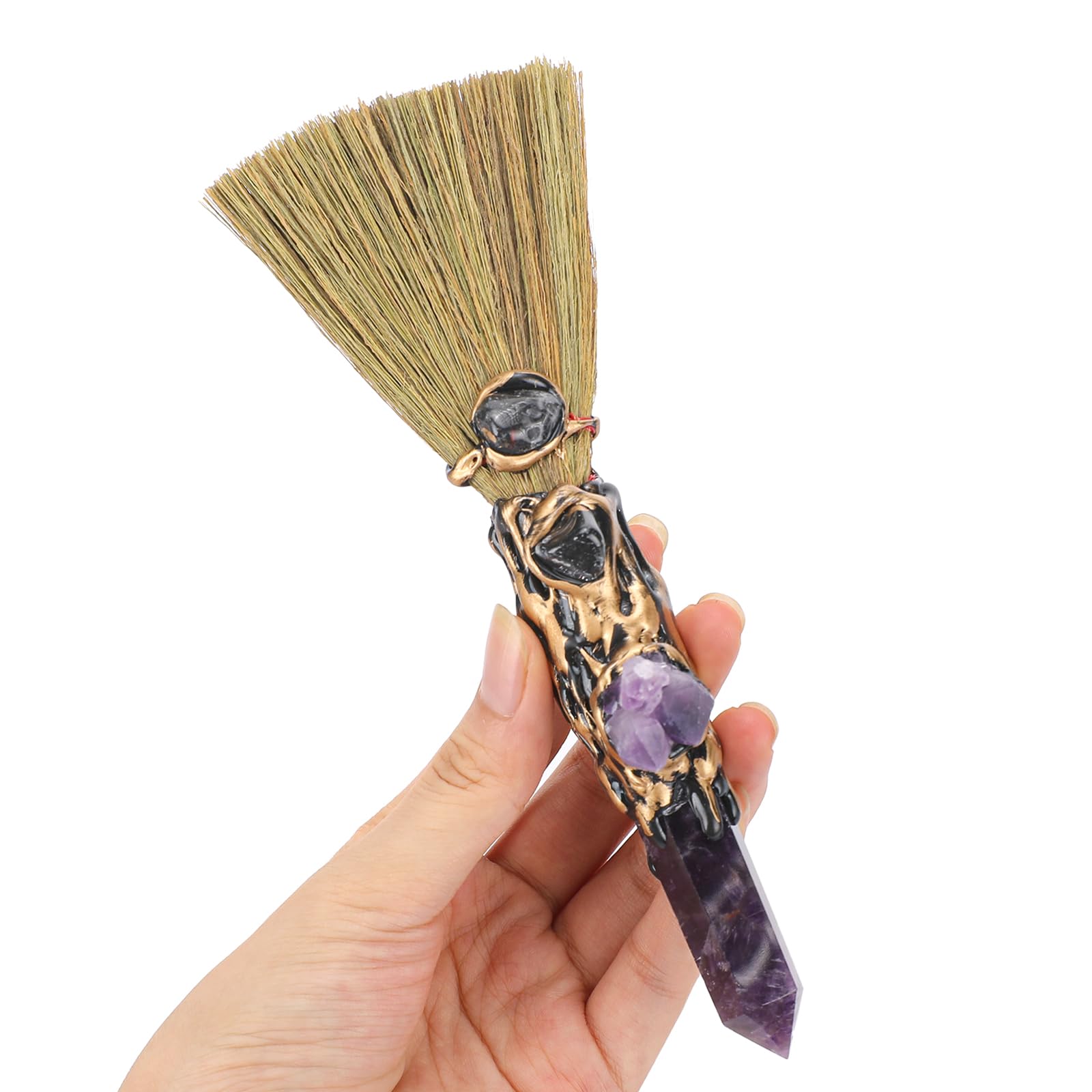 Escoba de altar Renemego con cristal amatista: purifica energías para rituales de meditación
