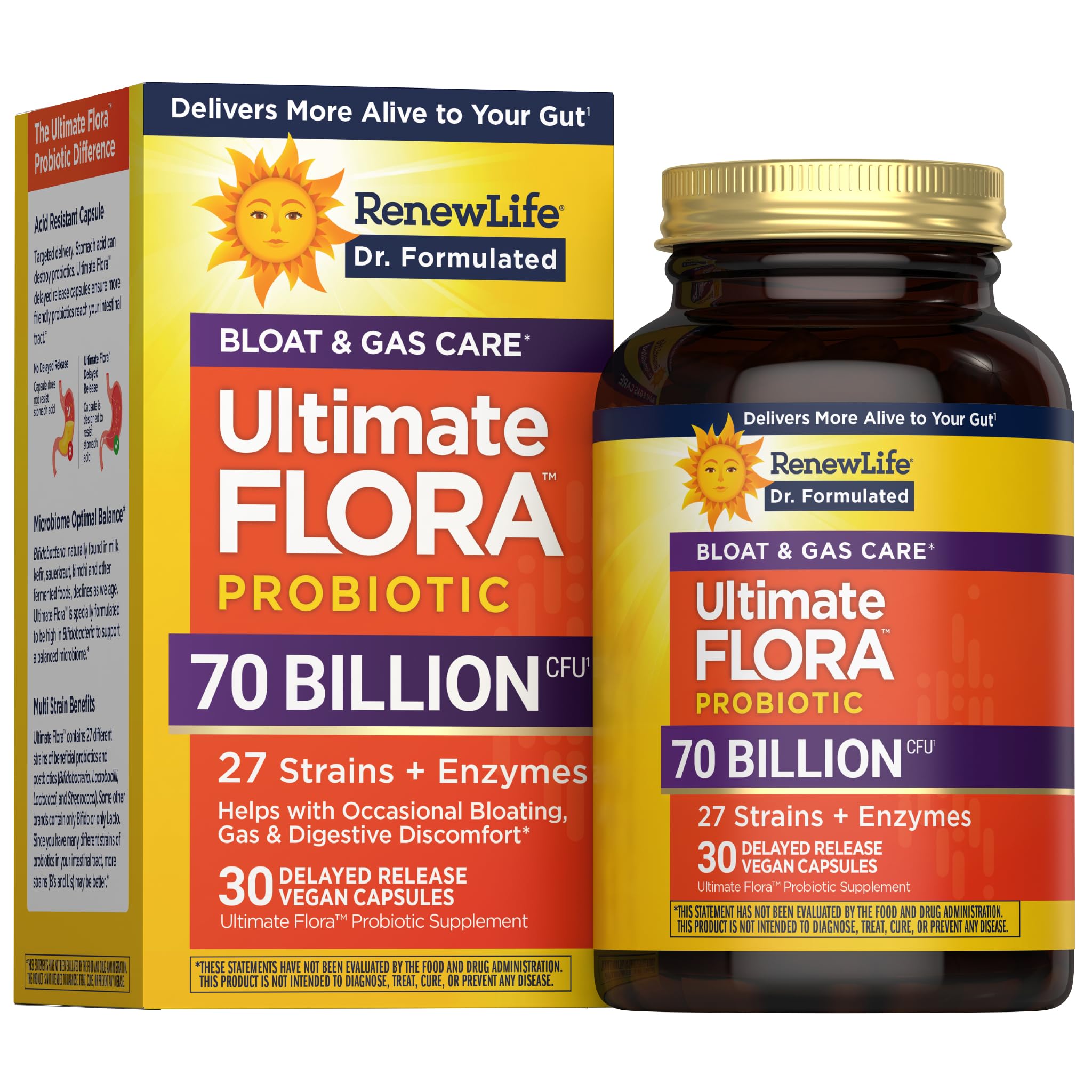 Renew Life Ultimate Flora frente de la botella, probióticos para apoyo digestivo diario