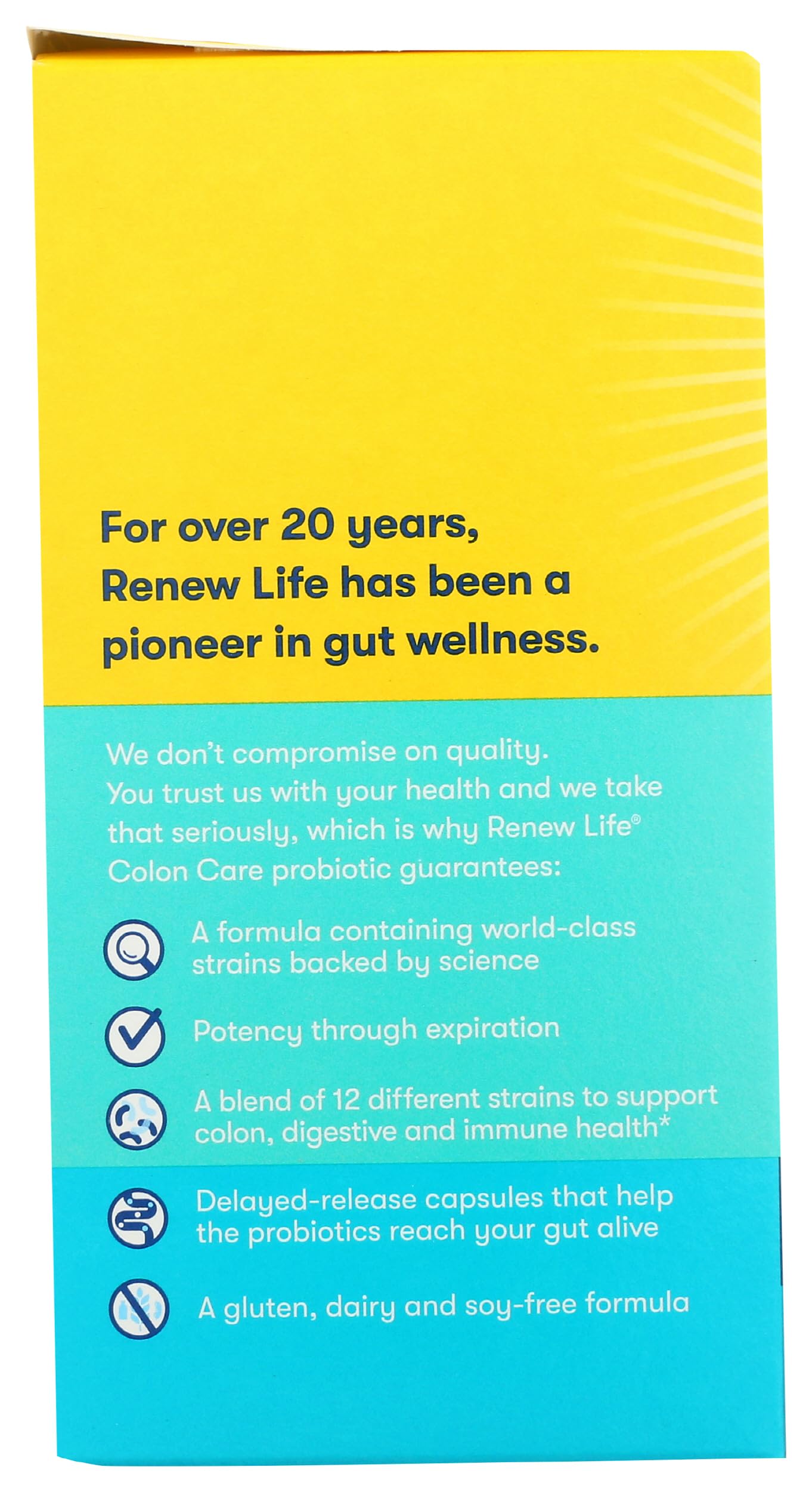 Logo y etiqueta de Renew Life Colon Care, verificación No-GMO.