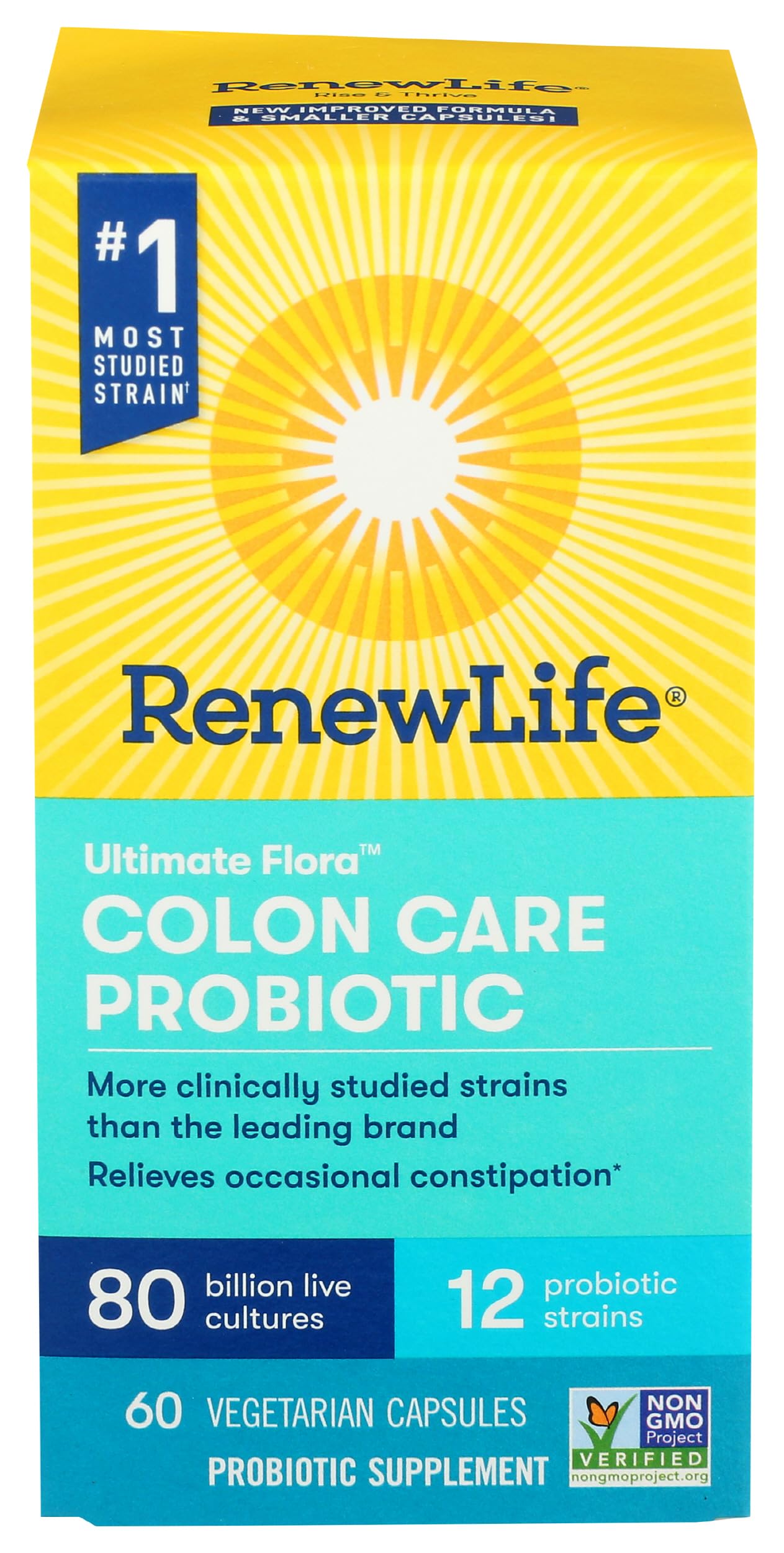 Renew Life Colon Care probiótico cápsula frente, soporte diario para la salud digestiva.