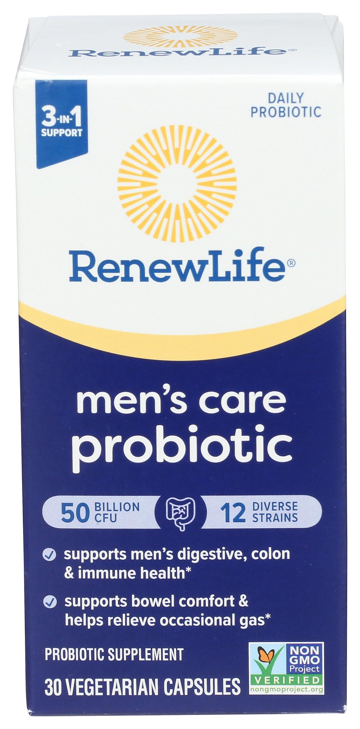 Renew Life Probiotico para hombres, botella lista para uso diario.