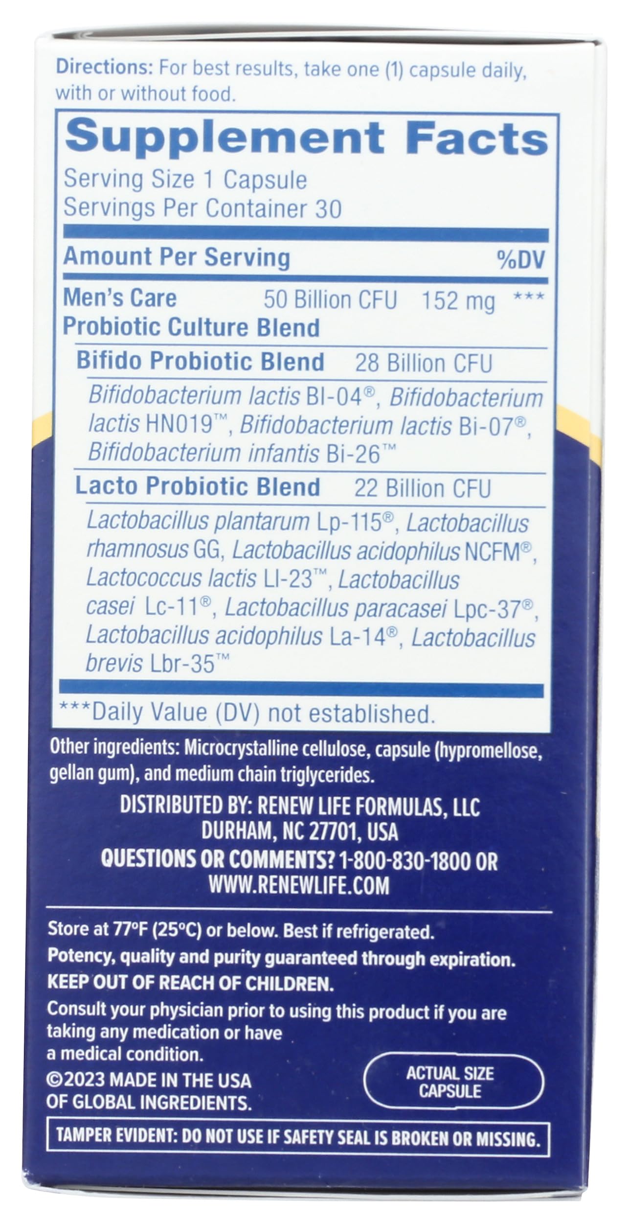 Empaque de probiótico Renew Life para hombres, almacenamiento seguro.