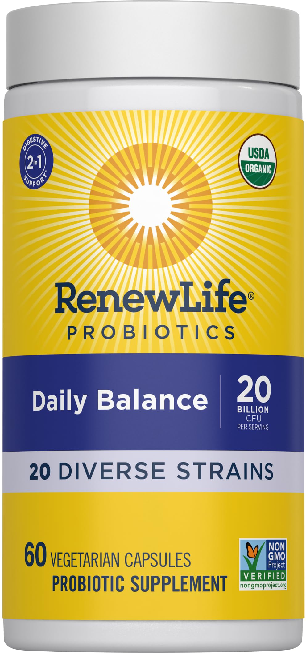 Renew Life Equilibrio Diario Probiótico caja, envase informativo para elegir tu soporte digestivo diario.
