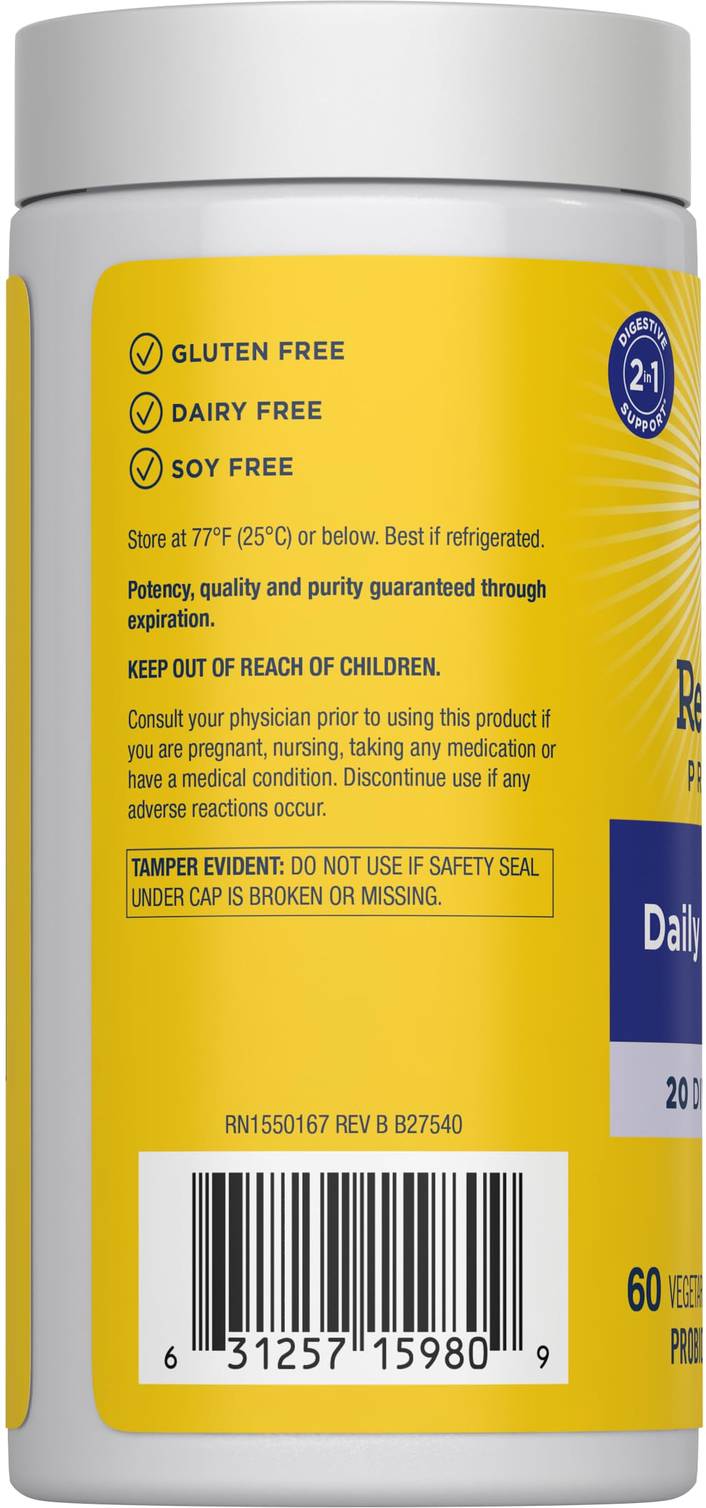 Renew Life Equilibrio Diario Probiótico etiqueta, fácil de identificar beneficios para la salud digestiva.
