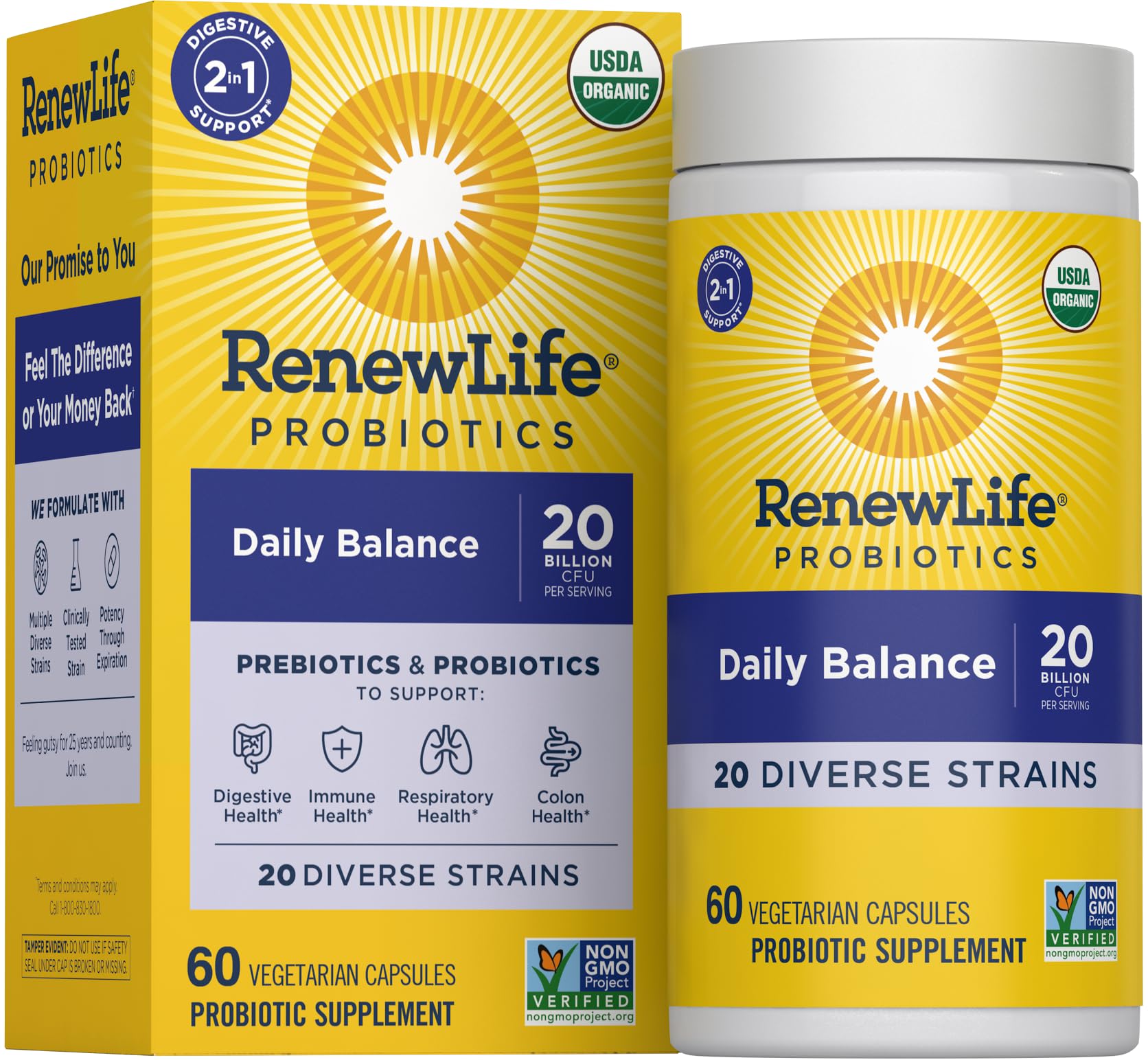 Renew Life Equilibrio Diario Probiótico frasco, soporte digestivo diario y equilibrio intestinal.