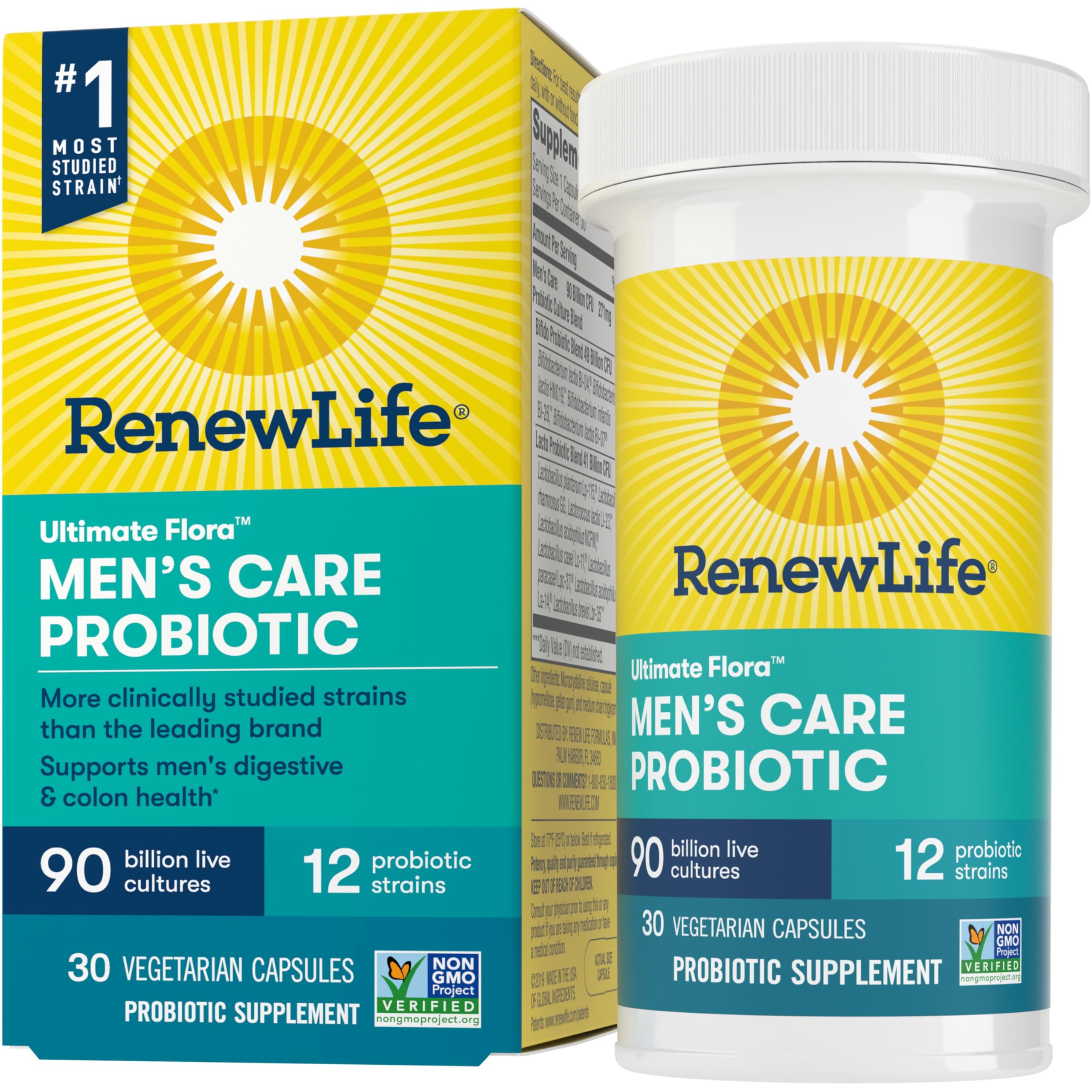 Renew Life Men's Care Probiotic botella de cápsulas para apoyo digestivo diario