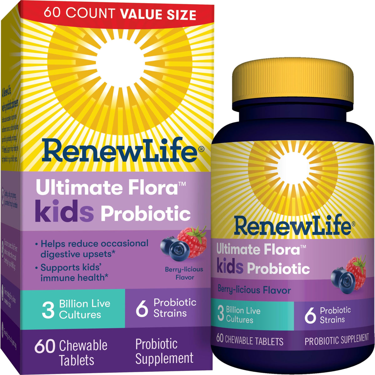 Renew Life Kids Probiotic tableta masticable sabor bayas para apoyar la salud digestiva diaria.