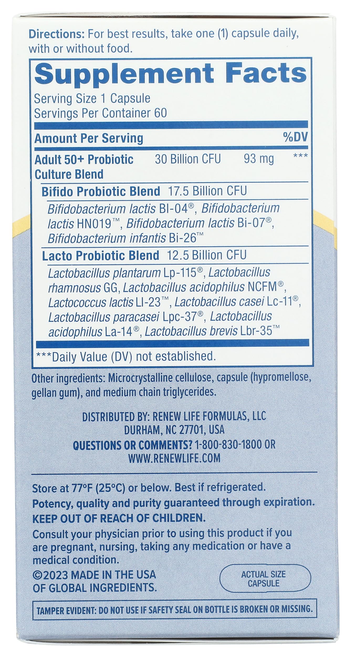 Renew Life PROBIÓTICO 30B UF caja de producto para almacenamiento seguro.