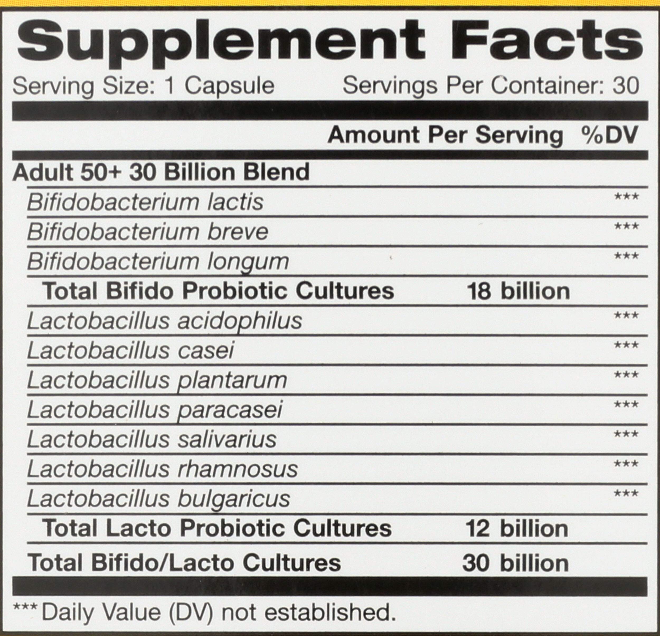 Renew Life Probiotic 50 Plus etiqueta libre de gluten, lácteos y soja.