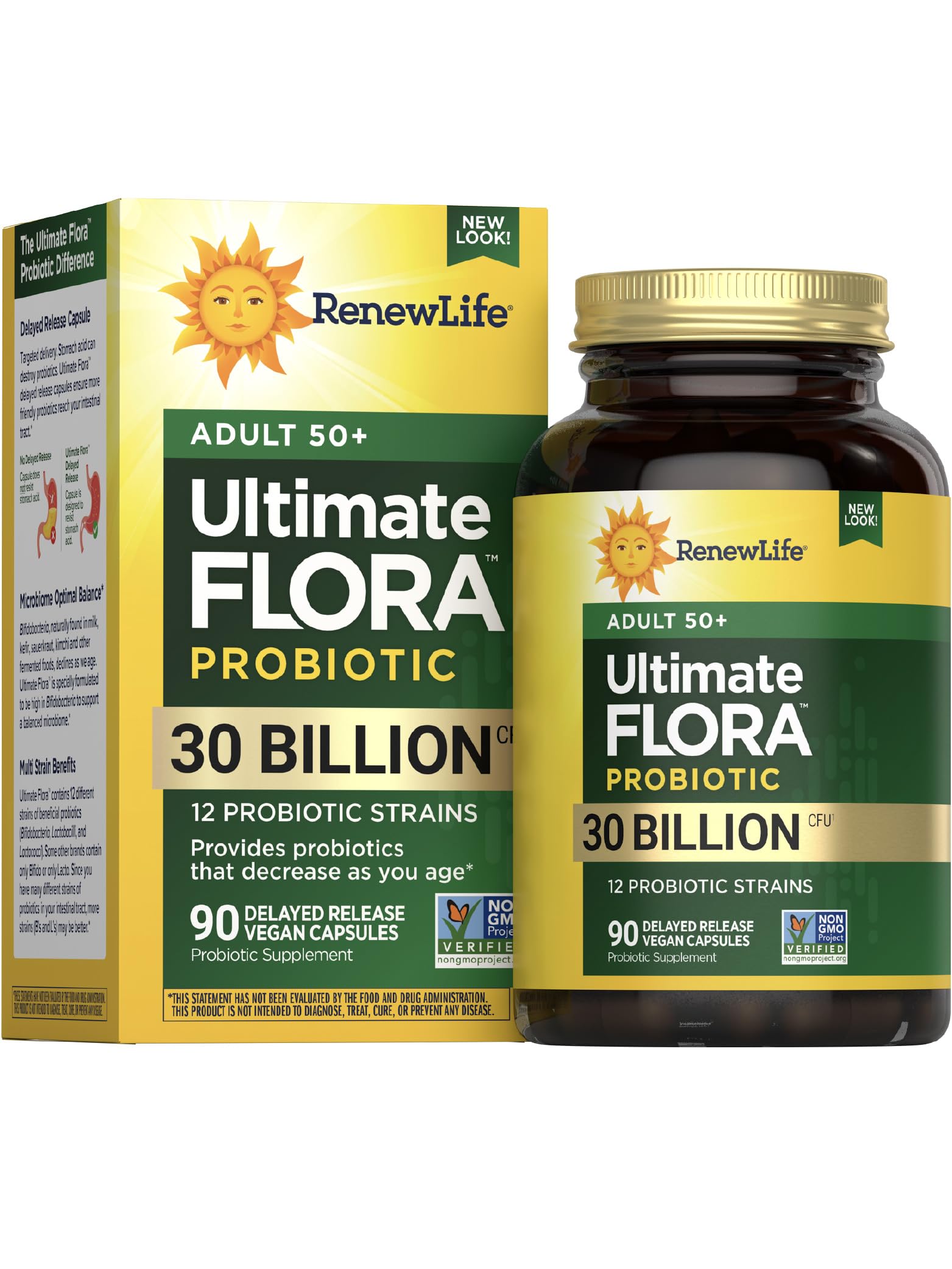 Renew Life Probiotic Adult 50 Plus envase con cápsulas para uso diario.