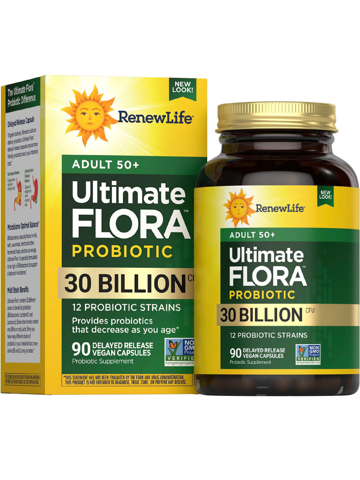 Renew Life Probiotic Adult 50 Plus envase con cápsulas para uso diario.