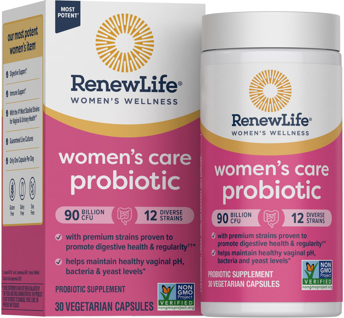 Renew Life Probiotic Mujeres, botella frontal, apoyo diario para salud vaginal y digestiva