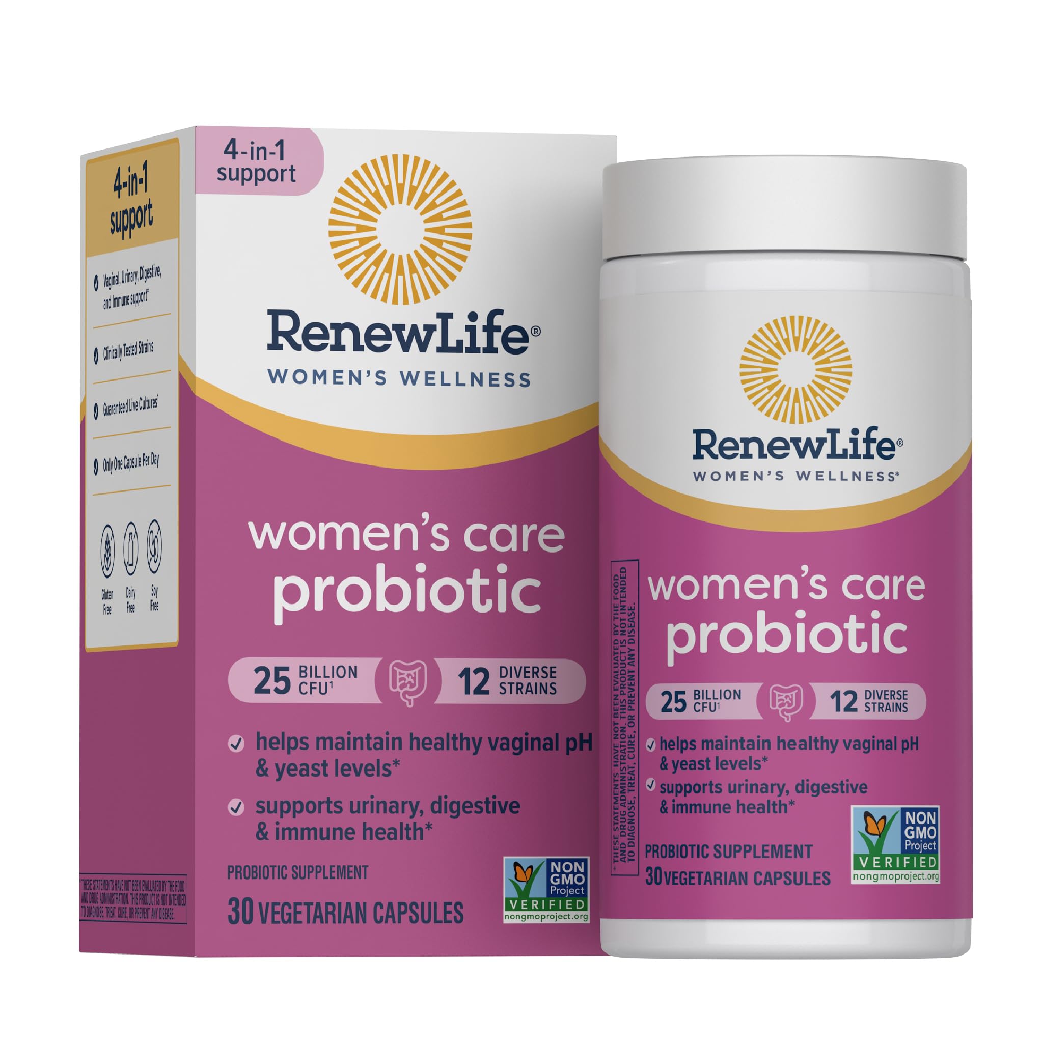 Renew Life probióticos para mujeres, envase de cápsulas, apoyo digestivo y urinario.