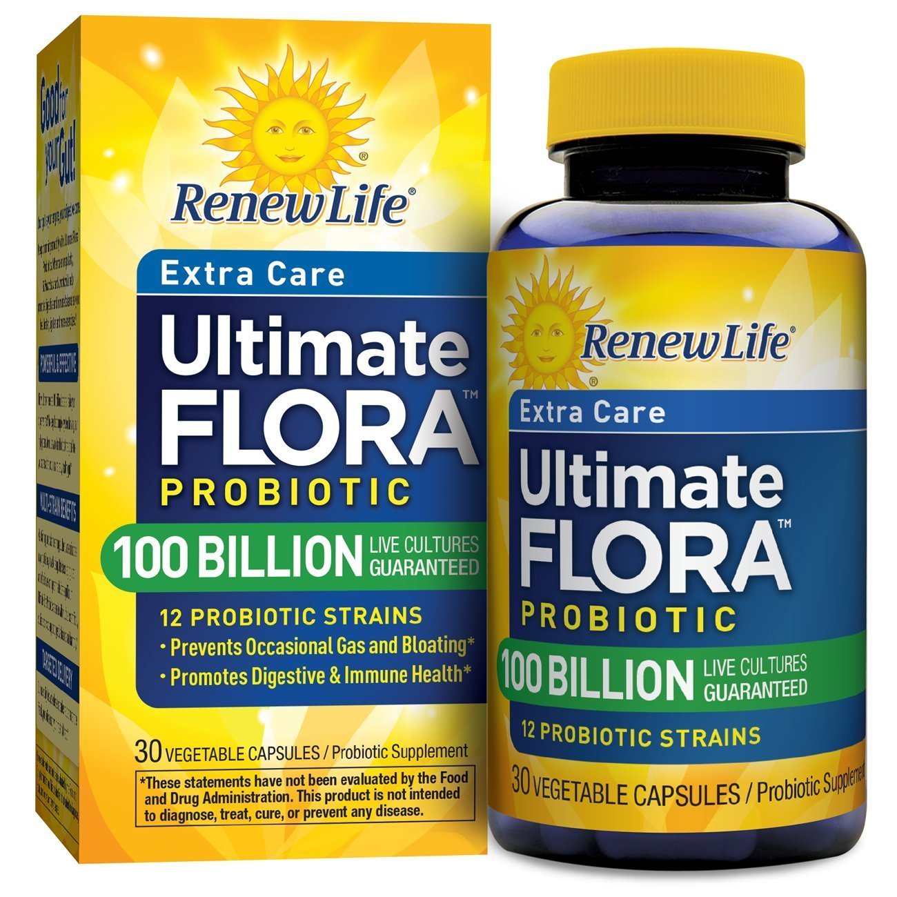 Renew Life Ultimate Care: frasco de cápsulas para digestión e inmunidad.