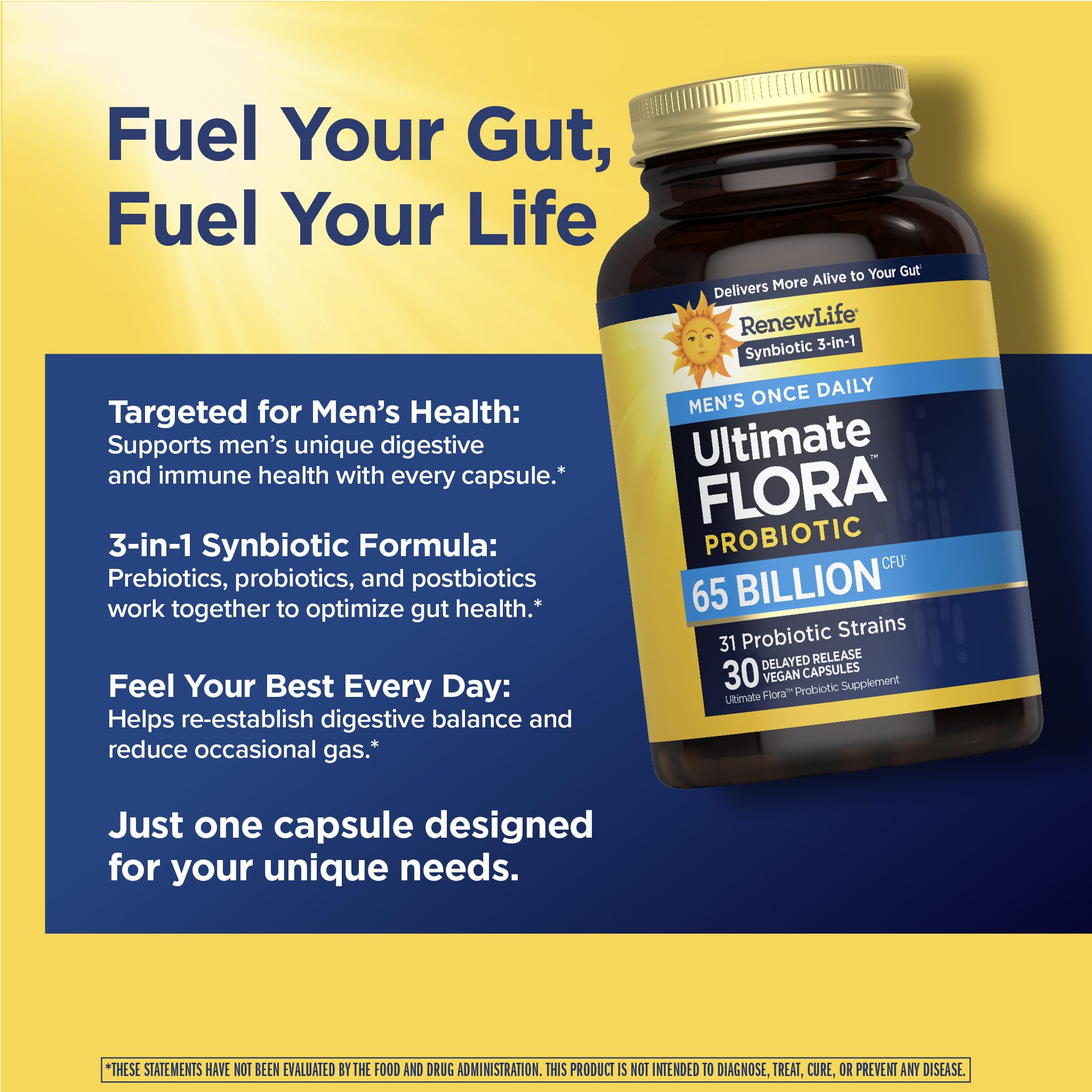 Renew Life Ultimate Flora para Hombres: envase en cocina clara para rutina de bienestar.