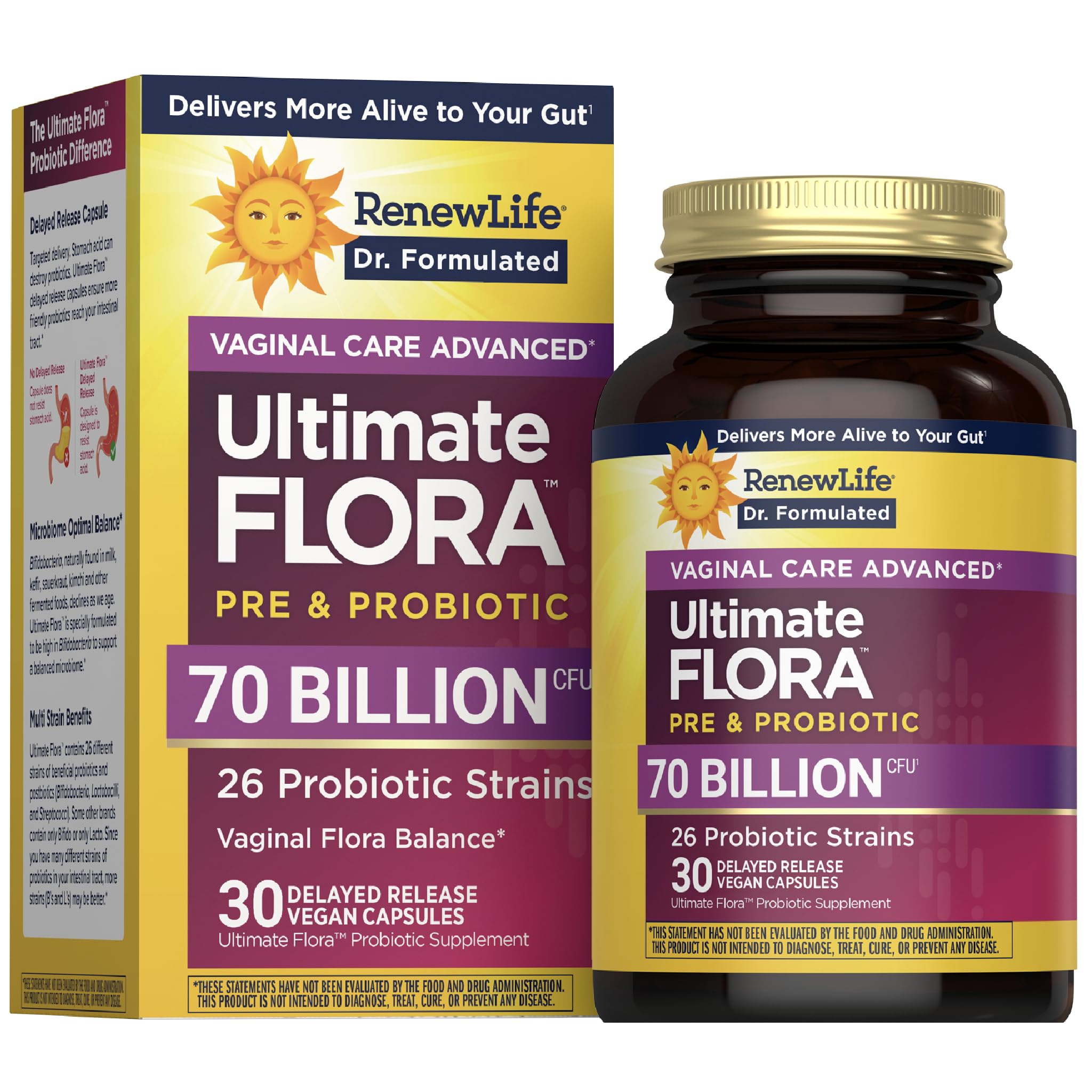 Renew Life Ultimate Flora para mujeres: cápsulas con 70 mil millones de UFC para equilibrio vaginal.