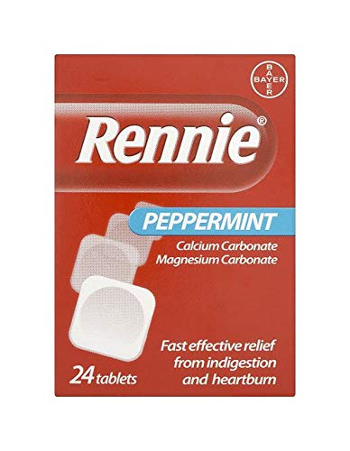 Rennie menta, detalle de tabletas, dos antiácidos para neutralizar el exceso de ácido