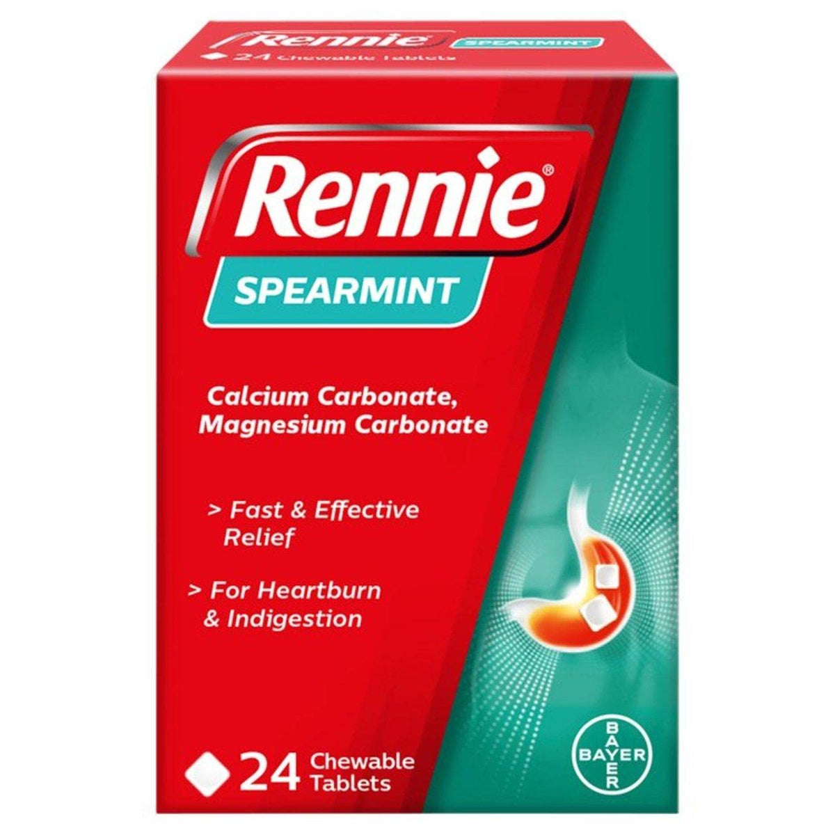 Rennie, tableta masticable de sabor menta, para alivio suave del malestar estomacal.