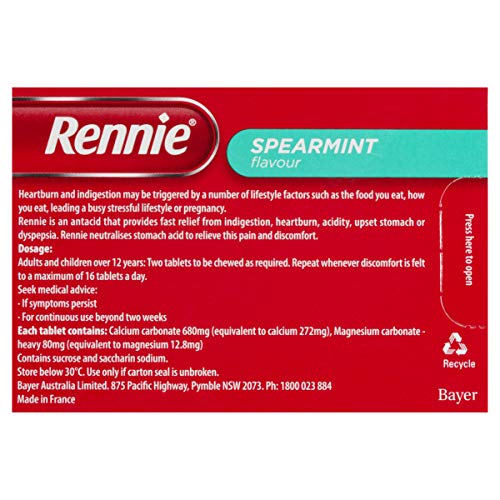 Rennie tabletas masticables de menta muestran dosis para adultos.