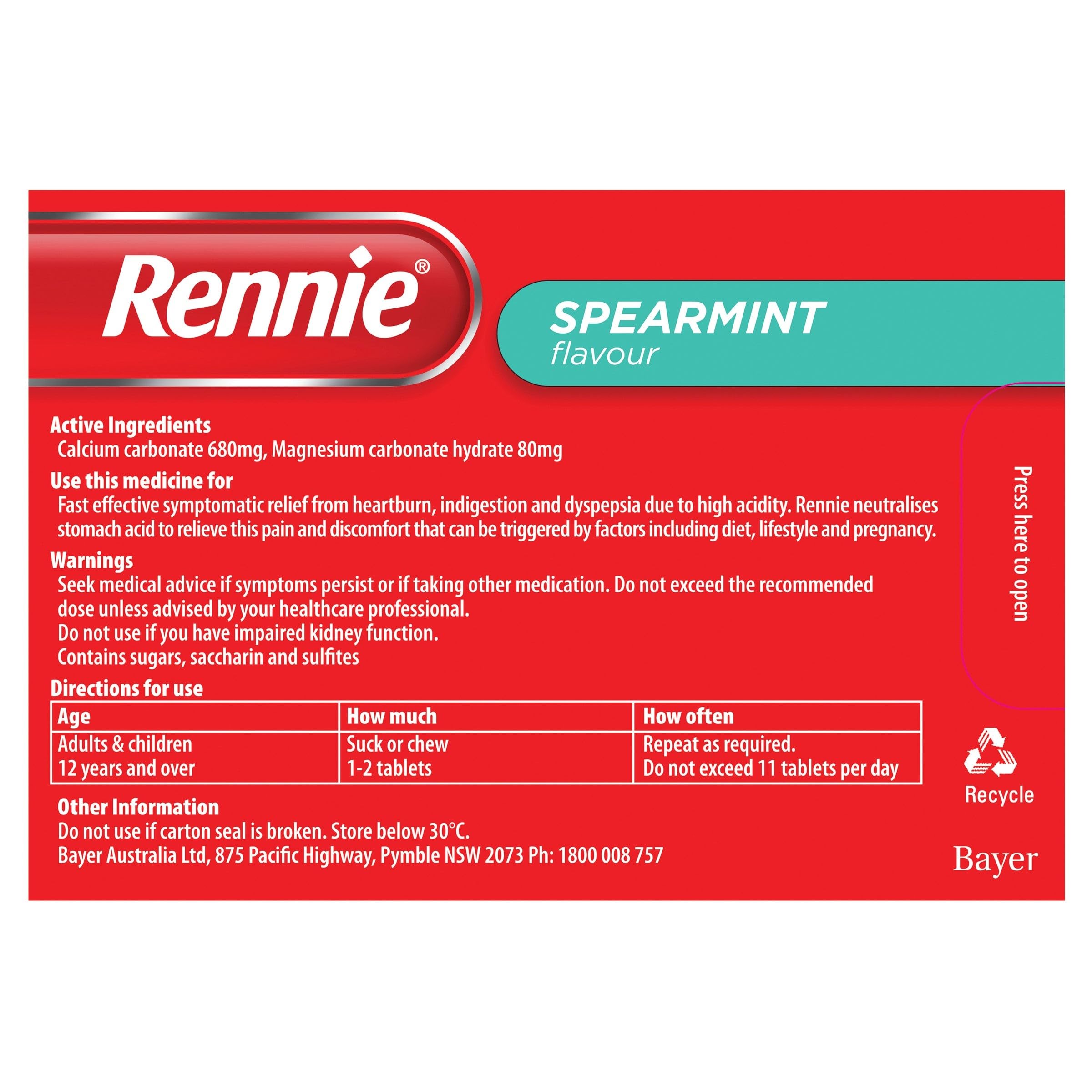 Rennie tabletas masticables con sabor a menta, alivio rápido.