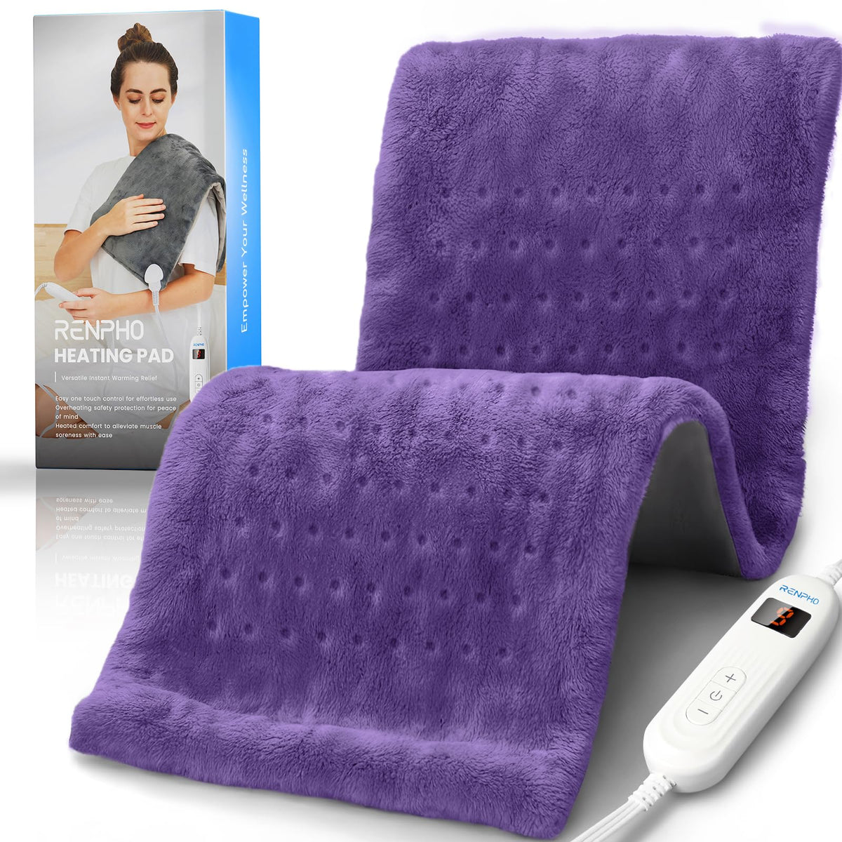 Almohadilla eléctrica RENPHO 12x24 violeta para alivio muscular suave.