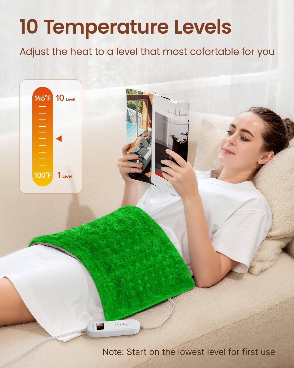 Control digital RENPHO con 10 niveles para calor personalizado.