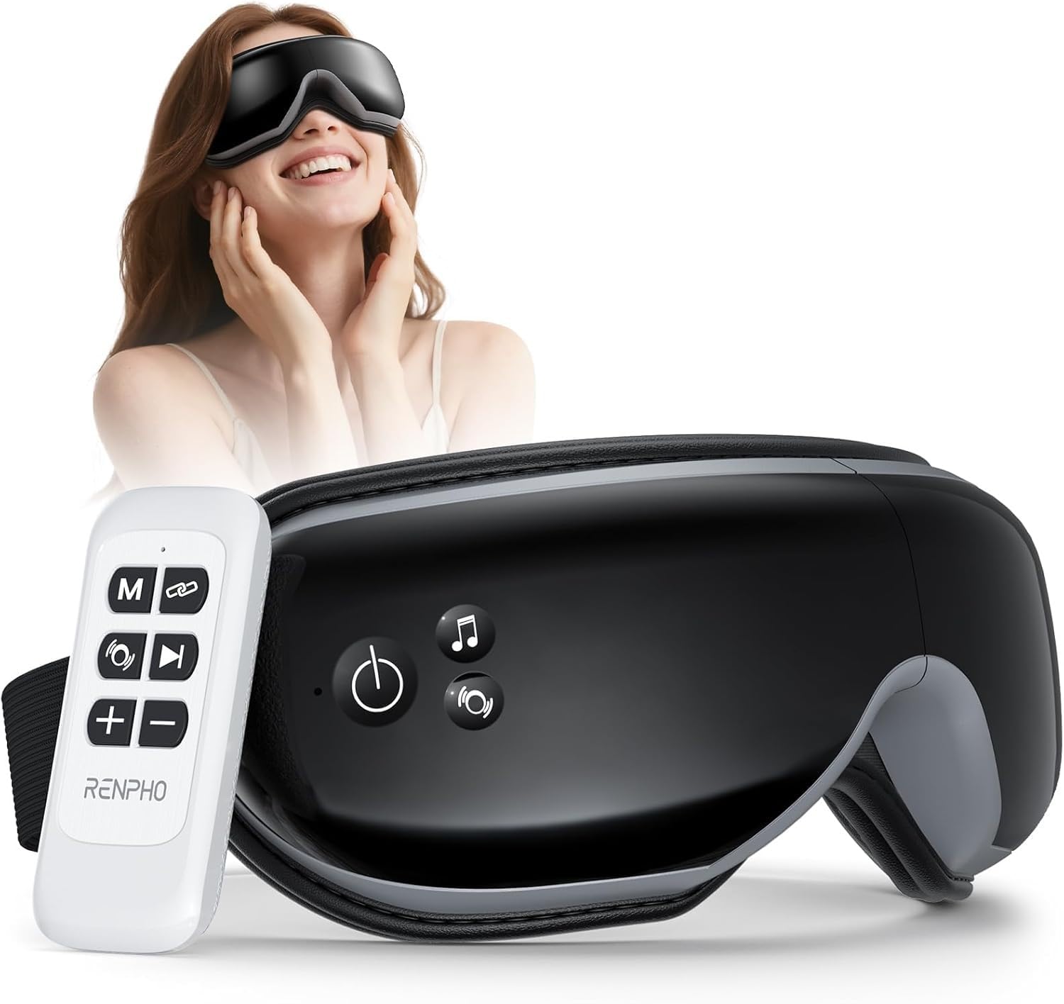 Renpho masajeador ocular con control remoto para relajación en casa.