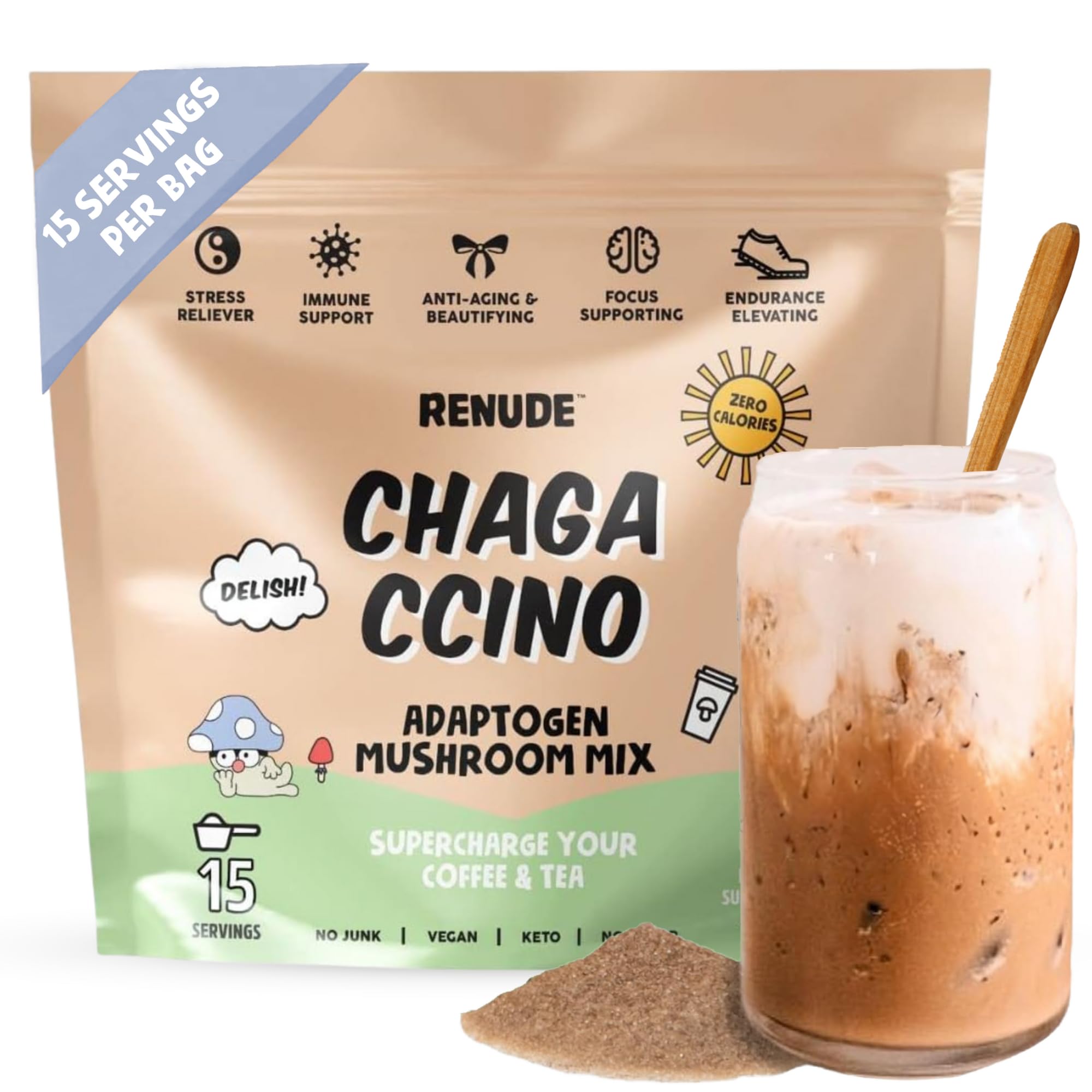 Renude Chagaccino, taza humeante con chaga para energía natural.