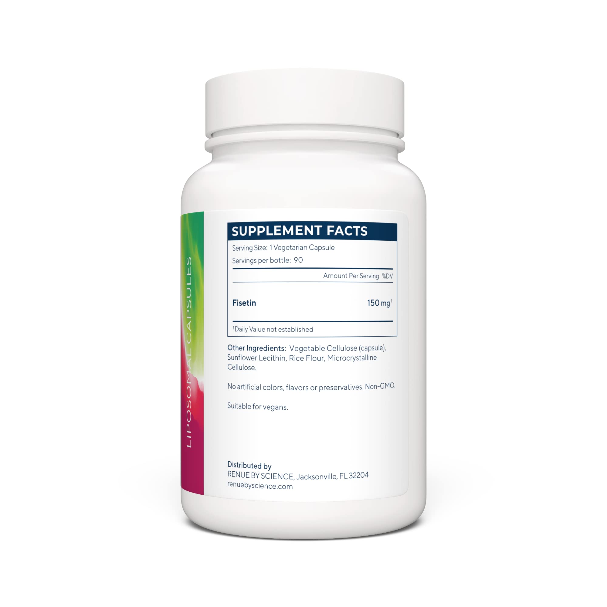 Renue By Science Fisetin: dosis de 150 mg por porción para uso diario.