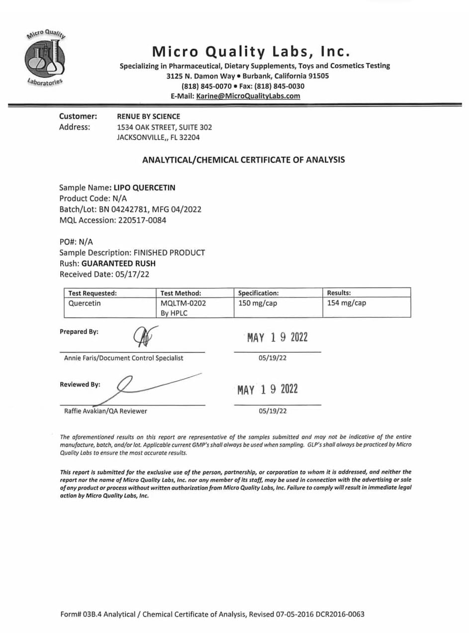 Caja Renue Quercetina liposomales, presentación compacta para viaje