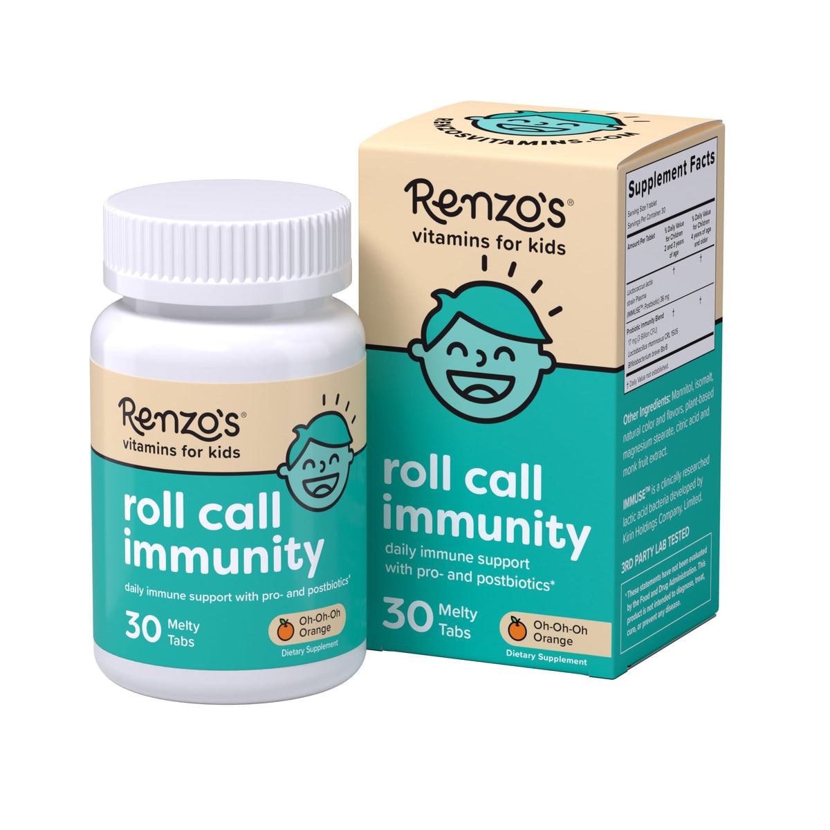 Renzo's tableta derretible sabor naranja para apoyo inmunitario diario.