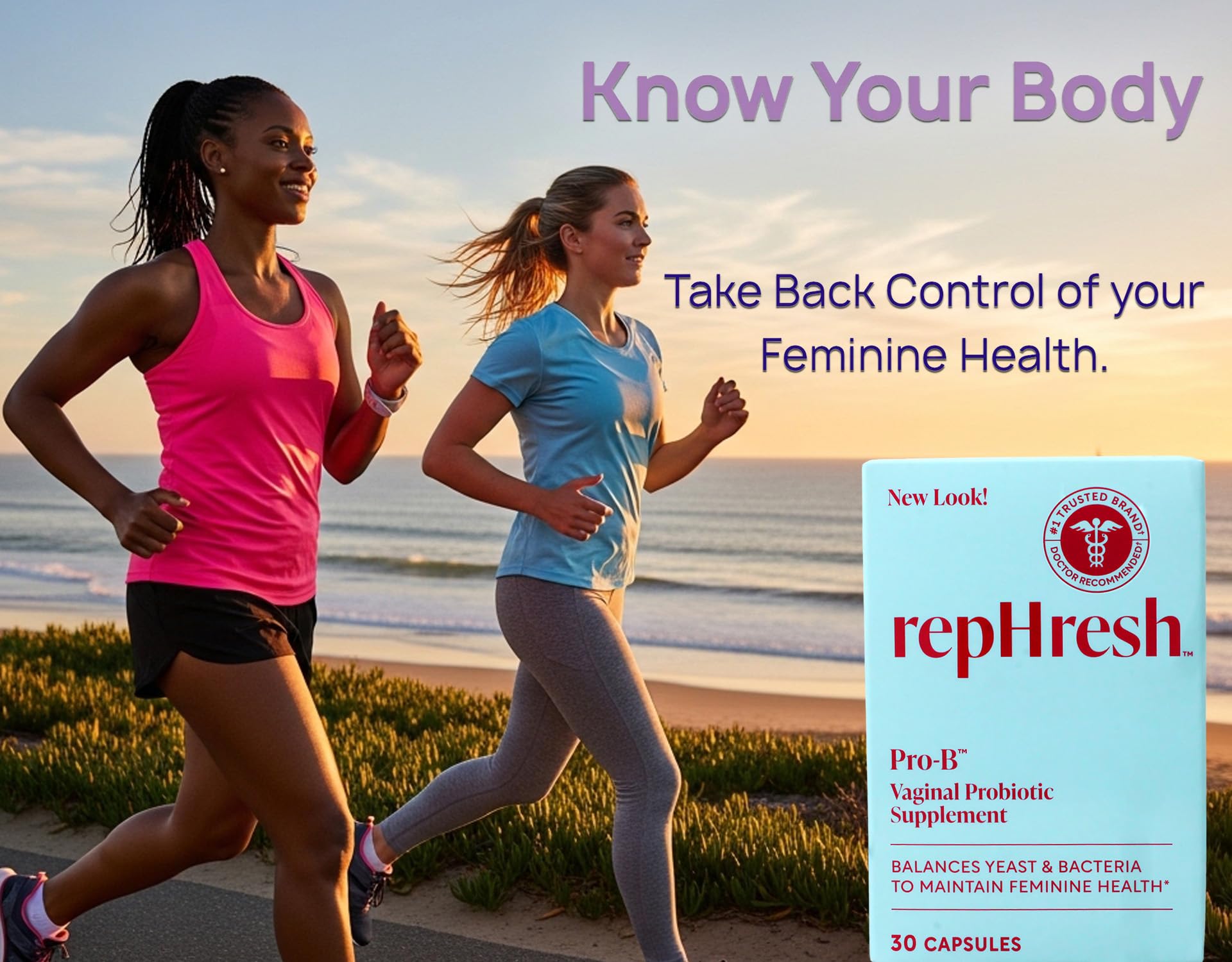 RepHresh Pro-B empaque destaca ingredientes y uso diario para bienestar femenino