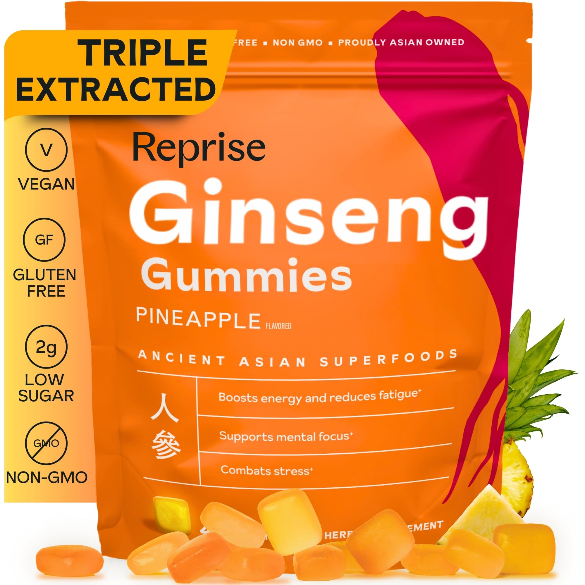 Reprise gomitas de ginseng: empaque frontal y energía suave para el día.
