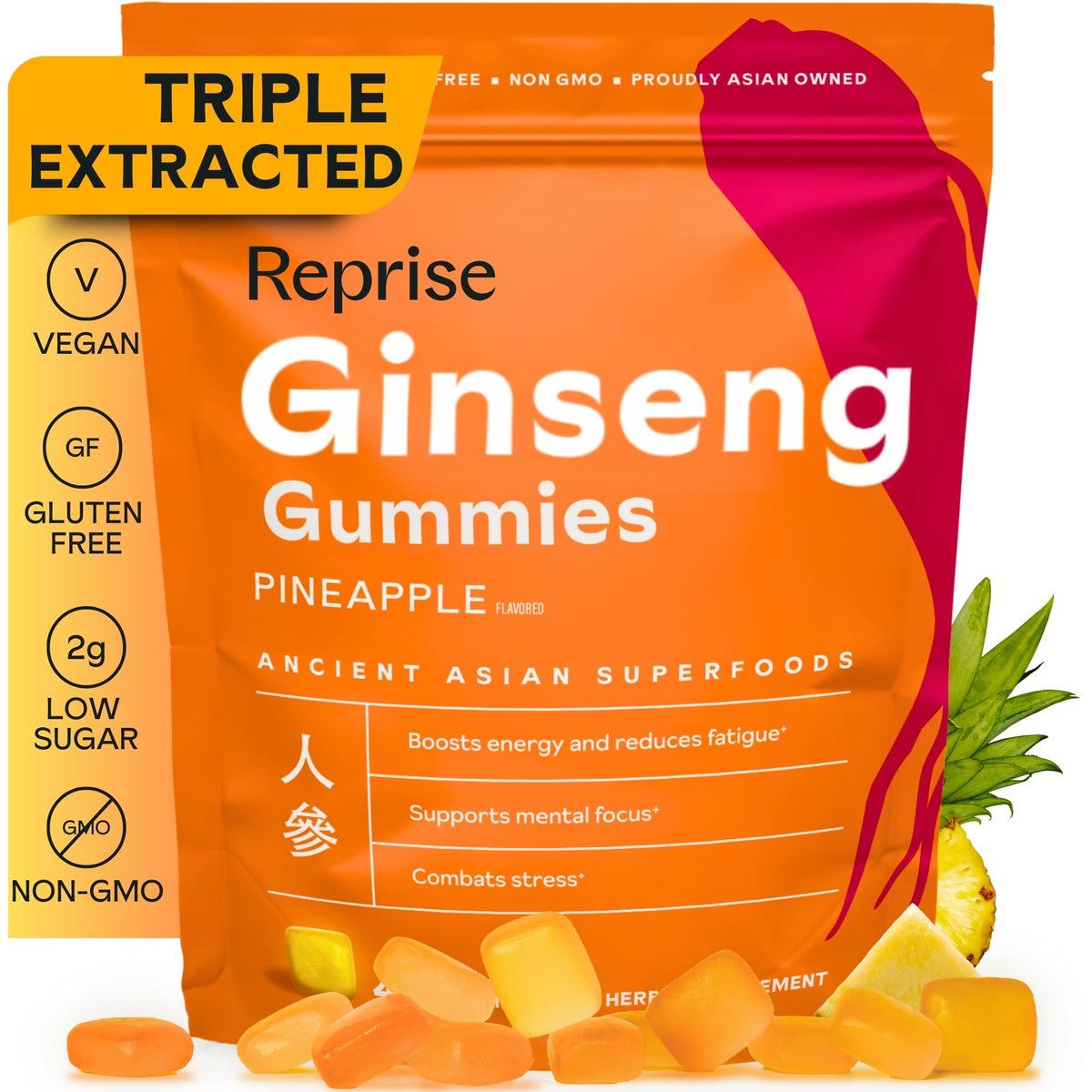 Reprise gomitas de ginseng: empaque frontal y energía suave para el día.