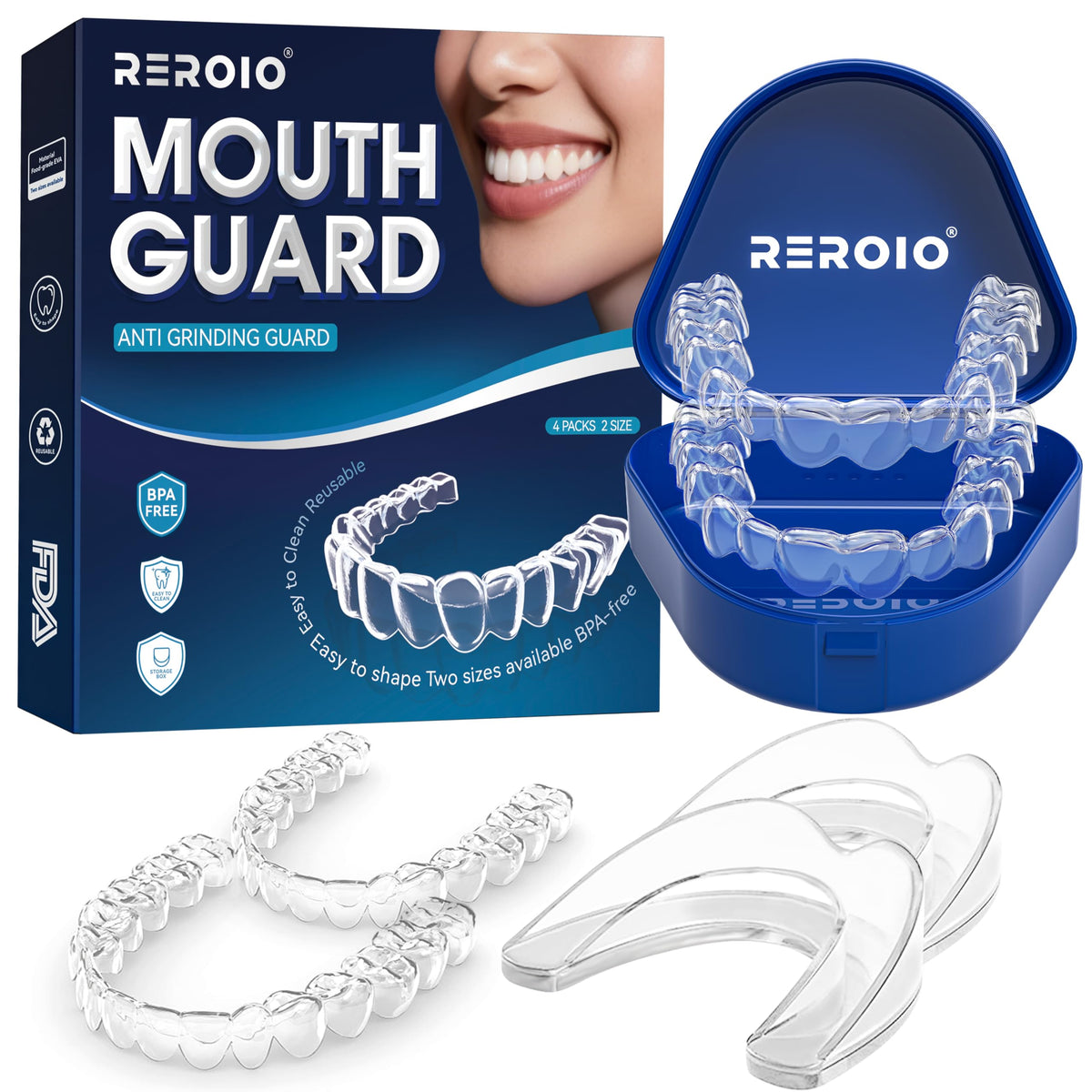 REROIO protector anti-rechinar dientes para uso nocturno, cómodo y ajustable.