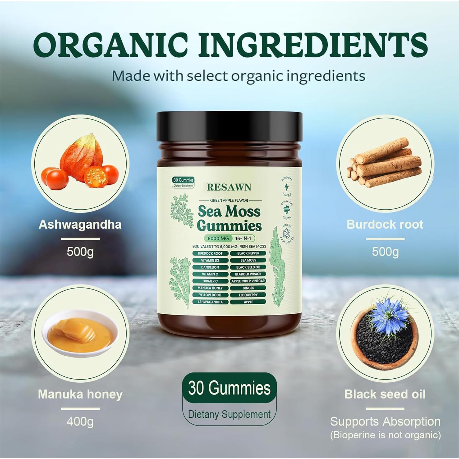 RESAWN Sea Moss Gummies: sabor agradable y textura suave para consumo diario.