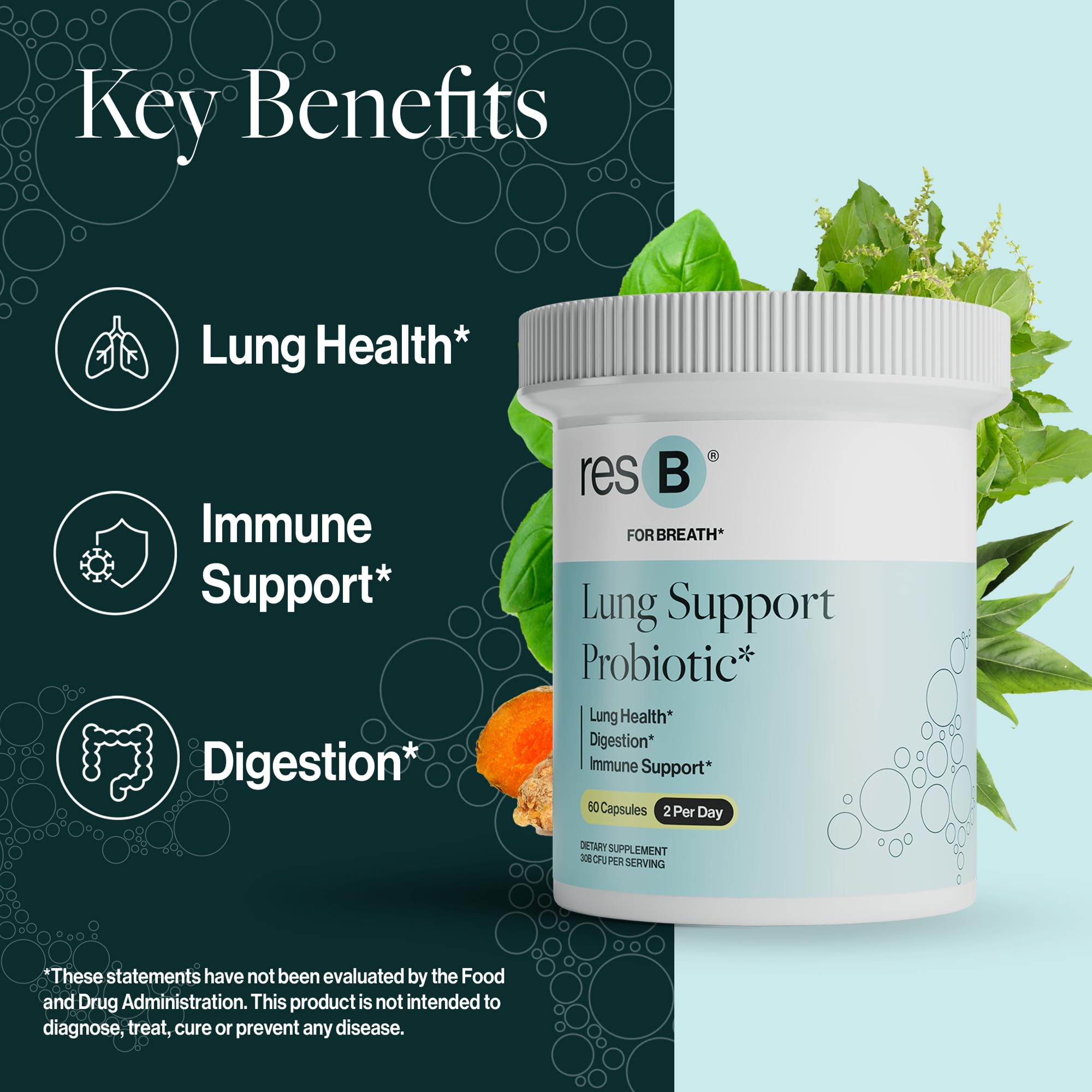 ResBiotic resB Lung Support: cúrcuma y albahaca sagrada presentes para apoyo respiratorio.