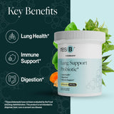 ResBiotic resB Lung Support: cúrcuma y albahaca sagrada presentes para apoyo respiratorio.