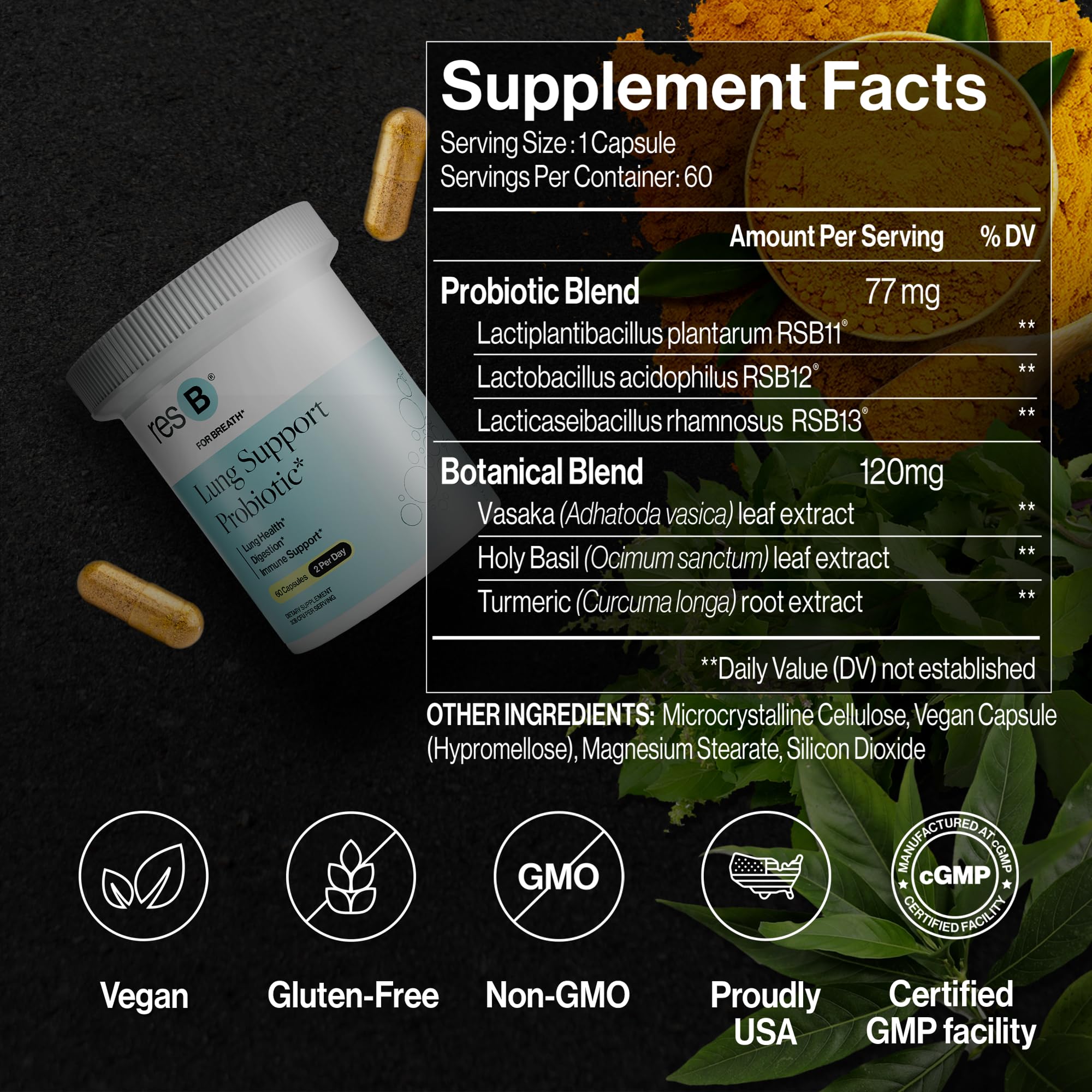 ResBiotic resB Lung Support: etiqueta muestra ingredientes naturales para bienestar general.