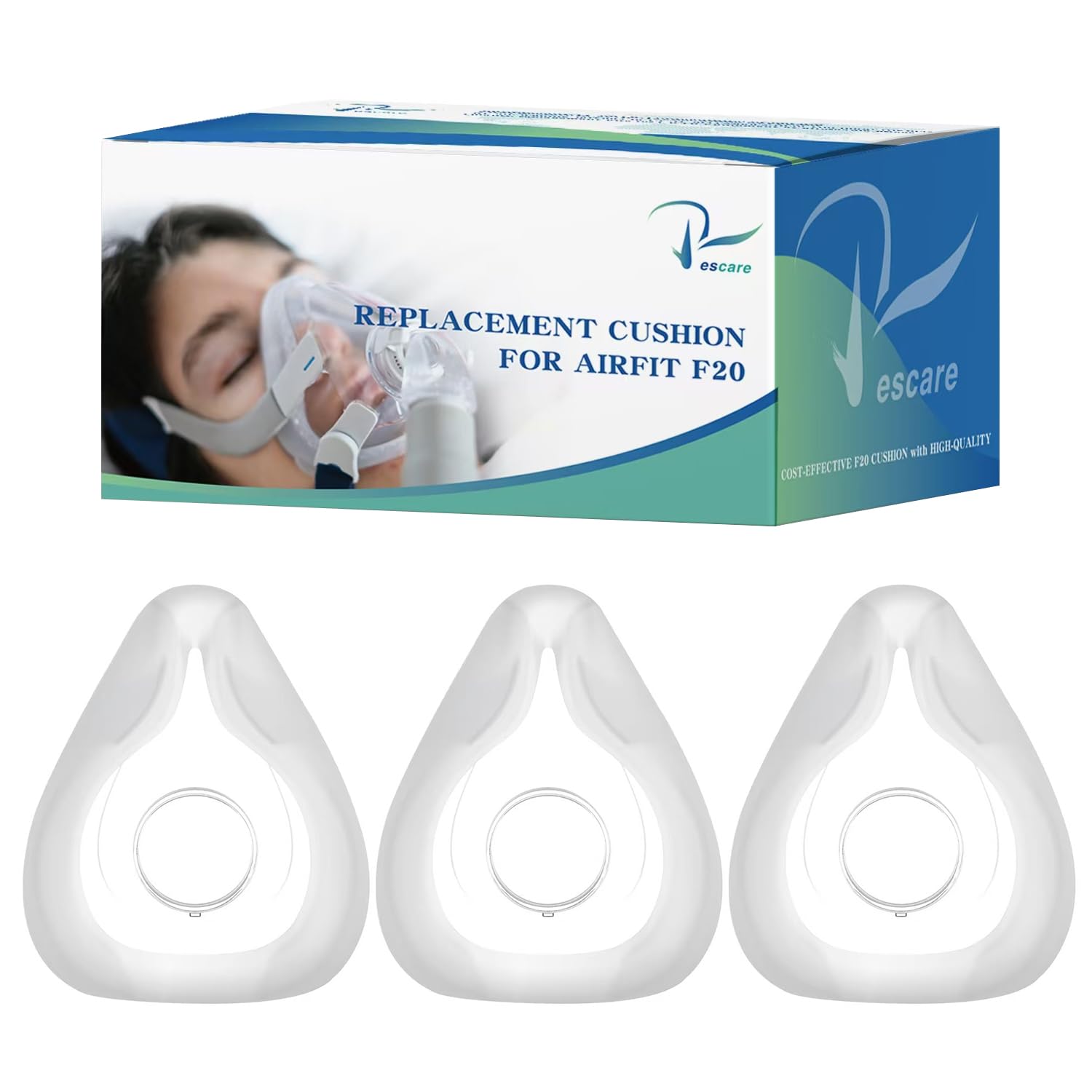 Rescare Airfit F20, almohadilla pequeña, vista frontal, comodidad suave para uso diario.