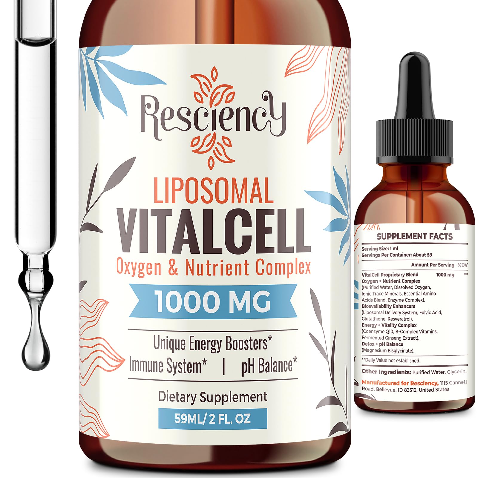 Resciency Drops liposomal botella: entrega eficiente de nutrientes.
