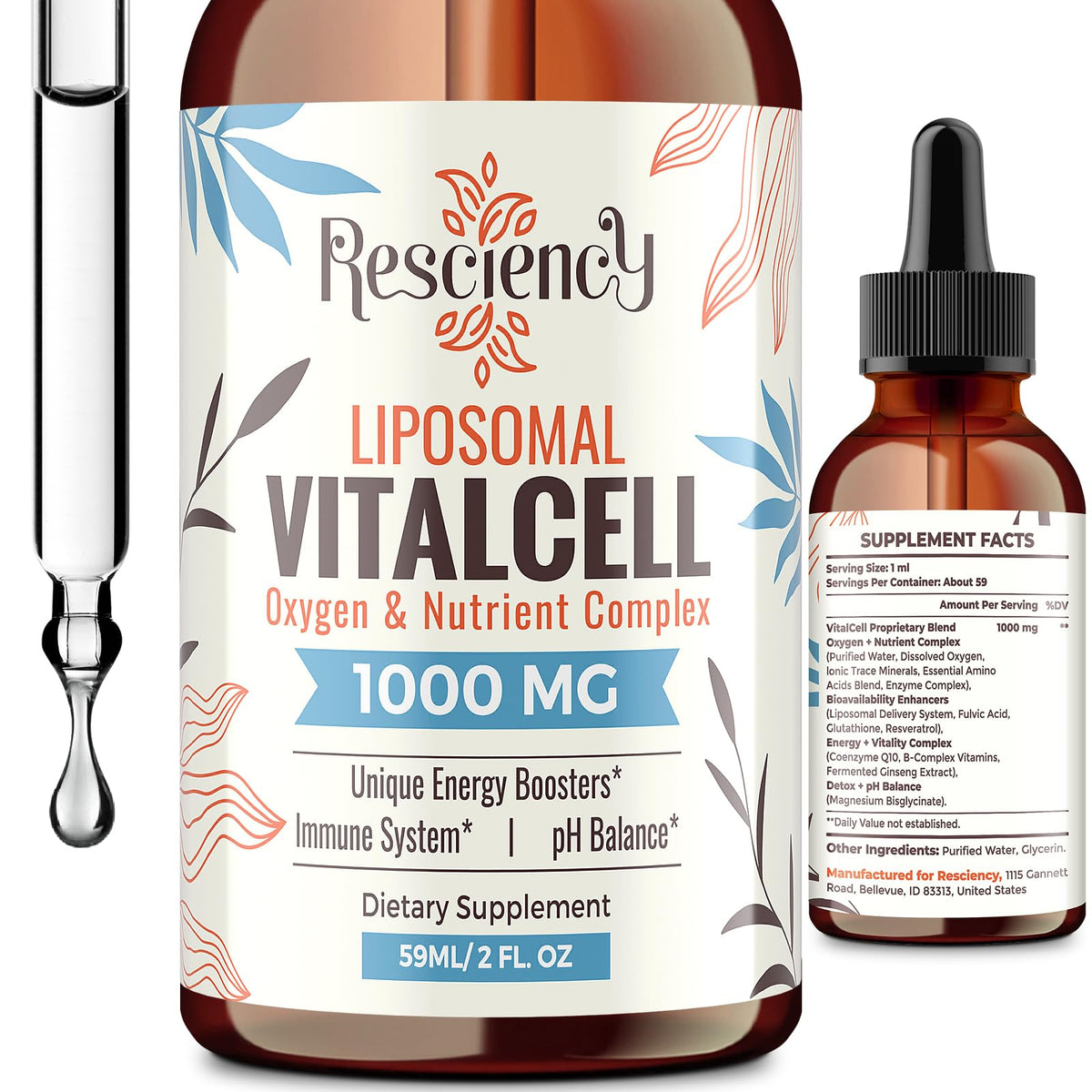 Resciency Drops liposomal botella: entrega eficiente de nutrientes.